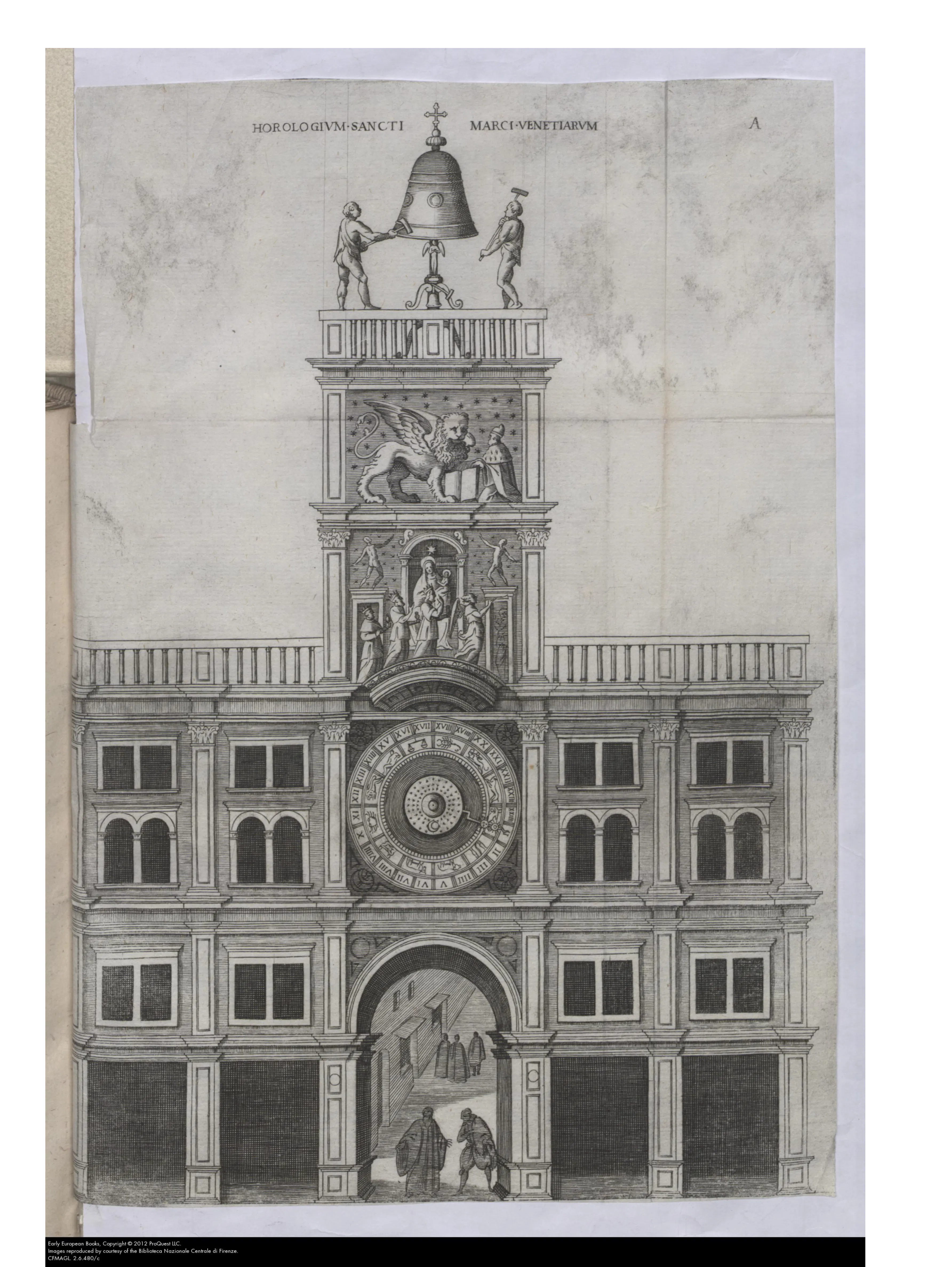 The folded plate headed HOROLOGIVM SANCTI MARCI VENETIARVM presents Venice's clock tower as a hierarchy of sacred imagery, astronomical display, and mechanical sound, culminating in the automaton figures over the hour bell. Lettered and explanatory, it belongs to Rocca's argument: the clock-bell as a self-acting signum.