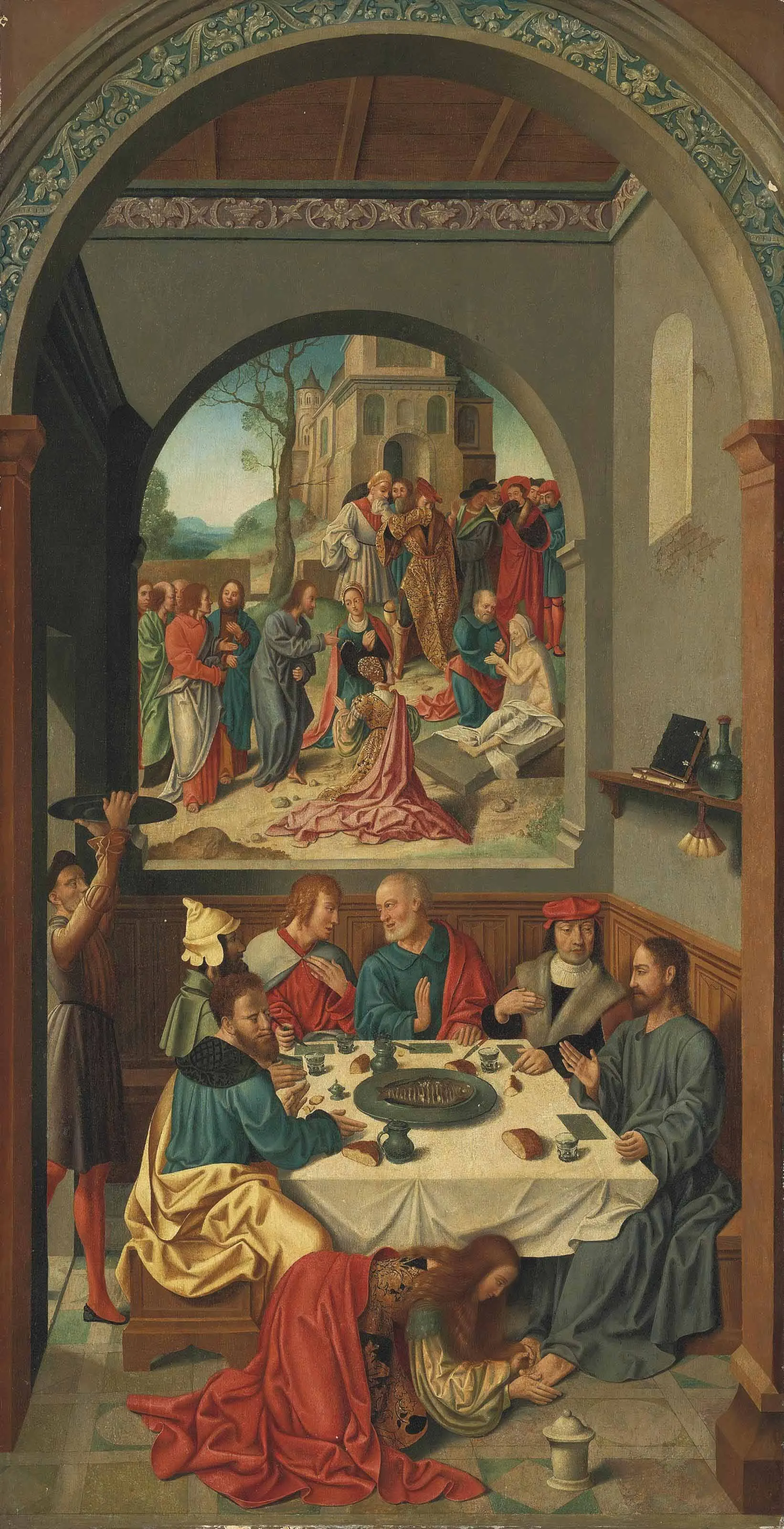 In this sixteenth-century German painting, Mary Magdalene kneels as the ointment-bearer at Christ's feet while, beyond the chamber, Lazarus is raised from the dead. The pairing makes visible the two poles of Launoy's argument: the gospel identity marked by vnguentifera and the Provençal tradition that bundled Magdalene with Lazarus's circle, only to be rejected as too late.