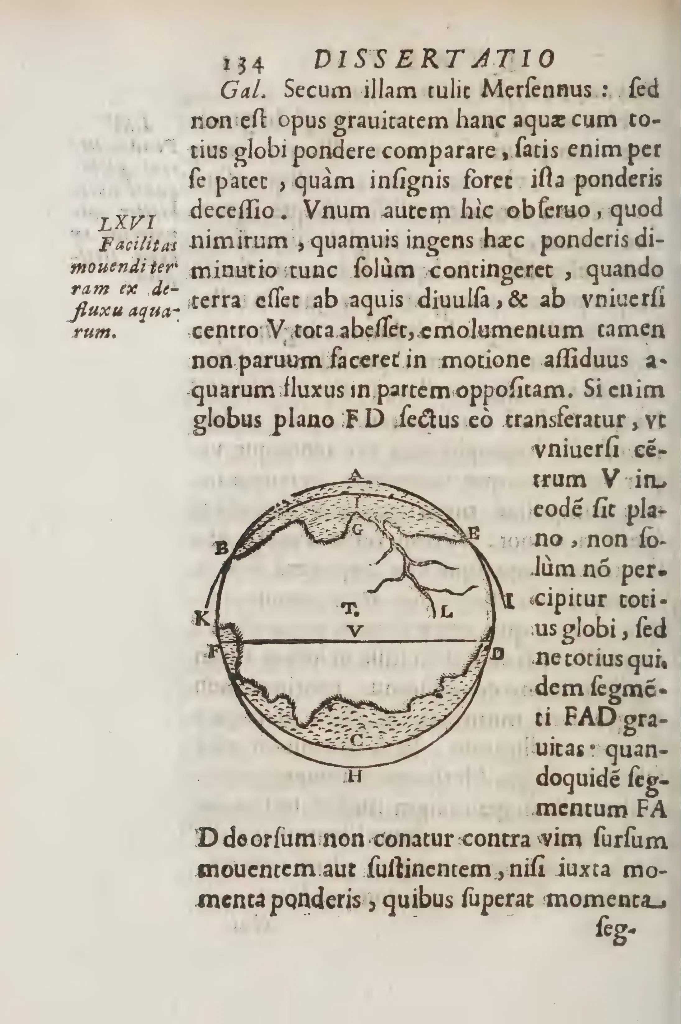 Under the marginal heading "Facilitas mouendi terram ex defluxu aquarum," the globe, cut by plane FD through centre V, becomes a hydrostatic problem: water shifted to the opposite side eases any initial displacement. Only a spherical segment bears the load, so Archimedes never had to sustain the whole Earth.
