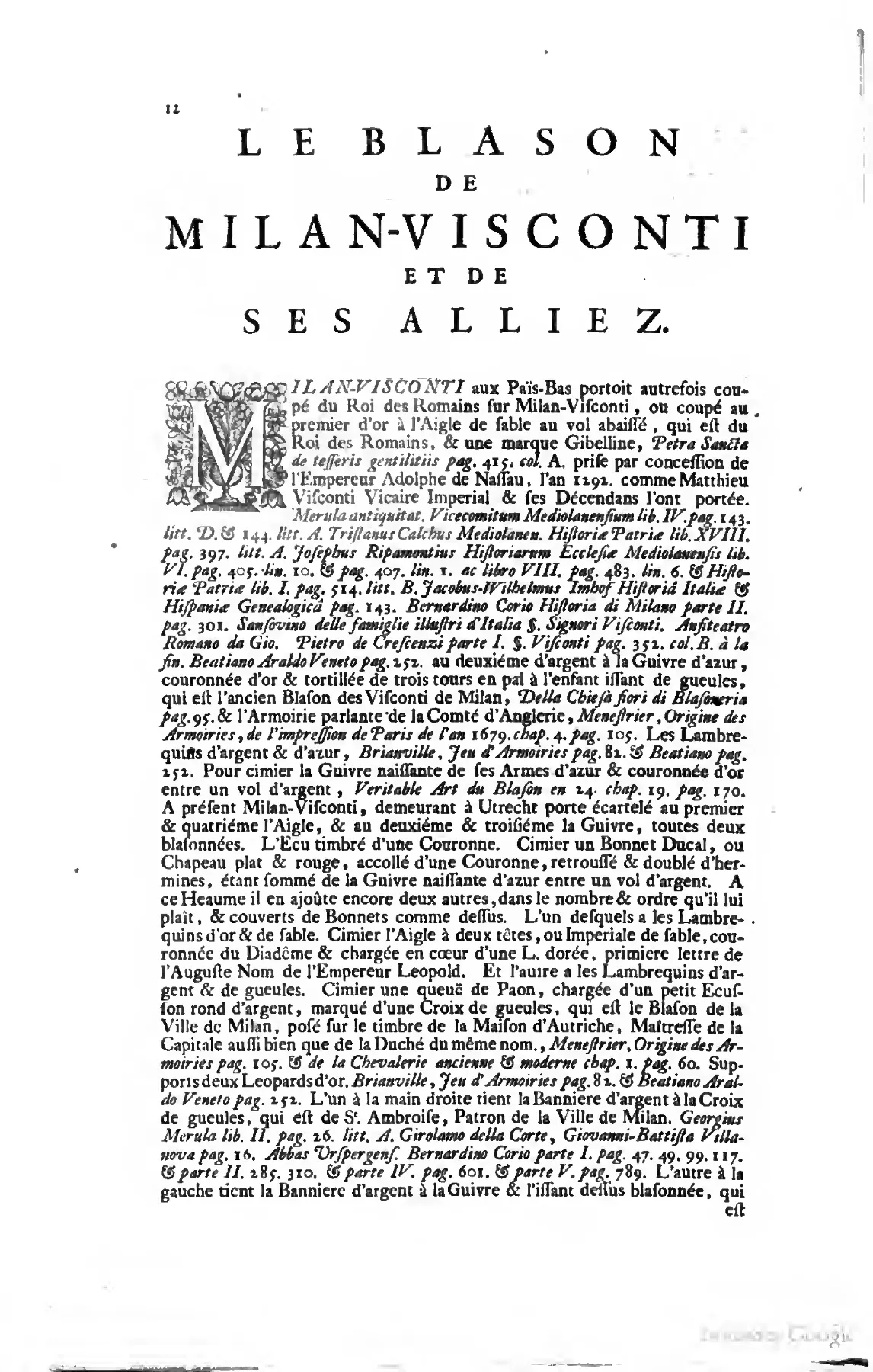 The appended French correspondence opens with the display heading “LE BLASON DE MILAN-VISCONTI ET DE SES ALLIEZ” and a large ornamental initial.