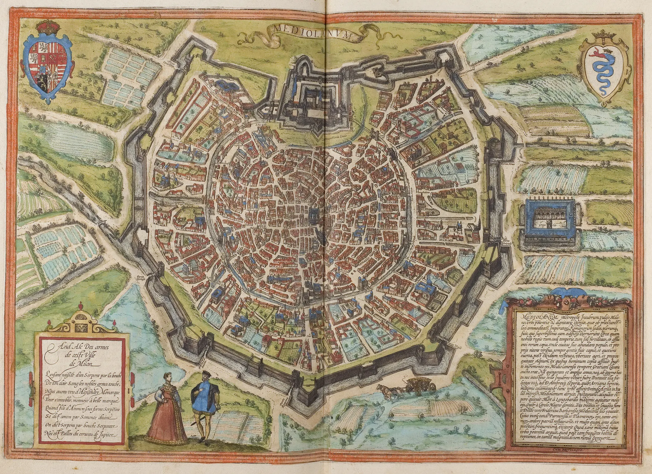 Braun and Hogenberg's sixteenth-century view of Milan, the metropolitan city where Ferrari's catalogue was printed in 1613.