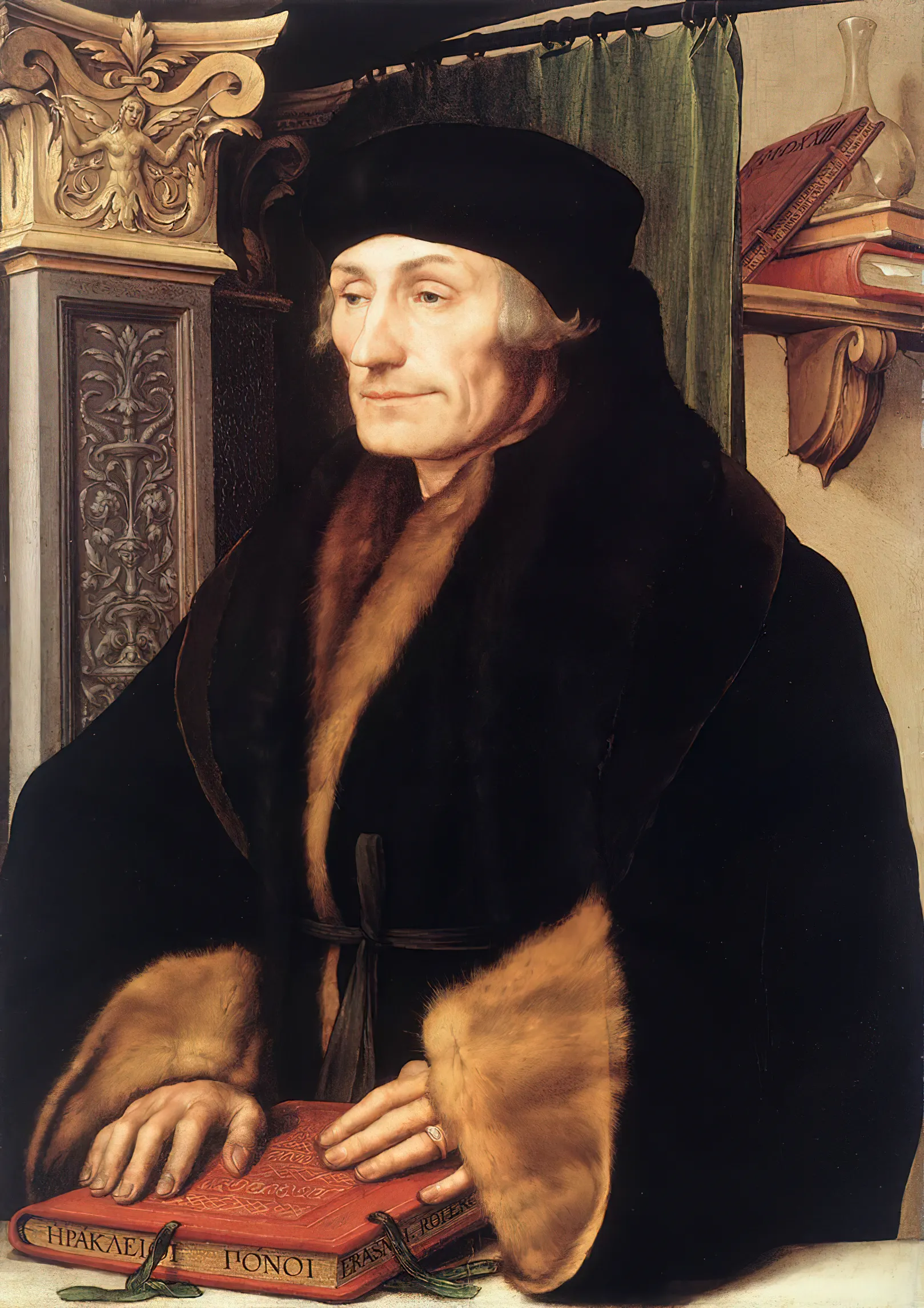 Erasmus, framed by books and Renaissance ornament, stands for the learned comic tradition in which wit borrows the posture of scholarship rather than rejecting it.