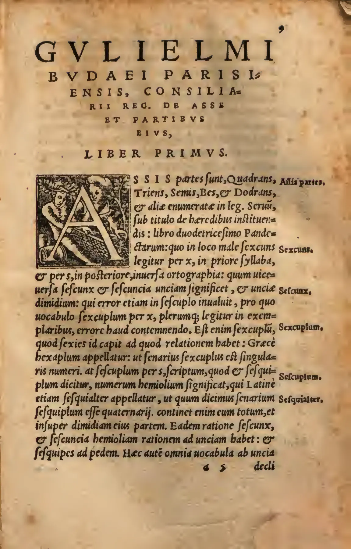 The opening of Book I grounds the fractional vocabulary of the Roman as in a title of the Digest rather than in numismatic curiosity alone, with Budé named royal councillor in the display heading above.