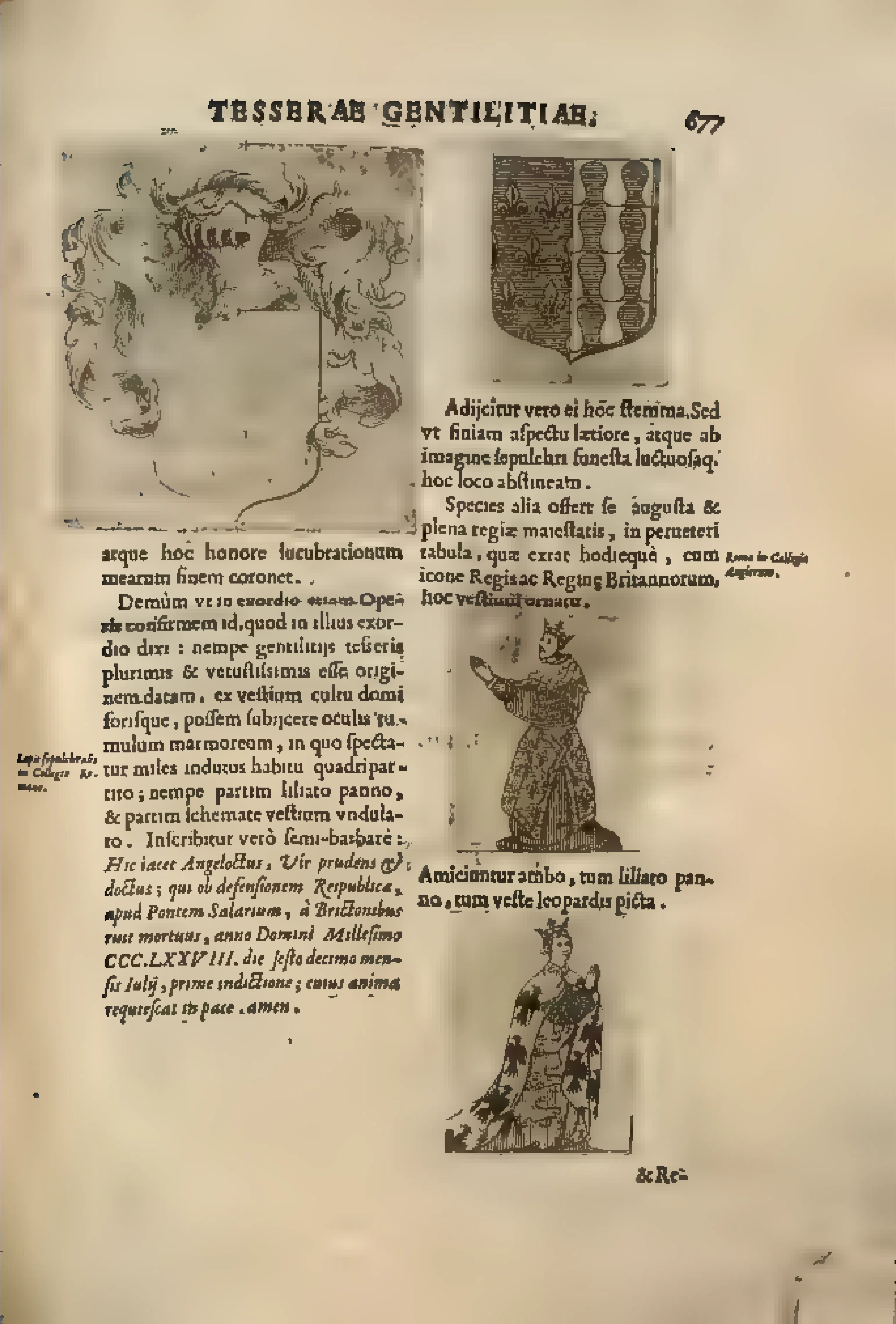 On this closing page, helm, quartered arms, and crowned royal figures make the return to the clothing-origin thesis cumulative rather than merely declarative.