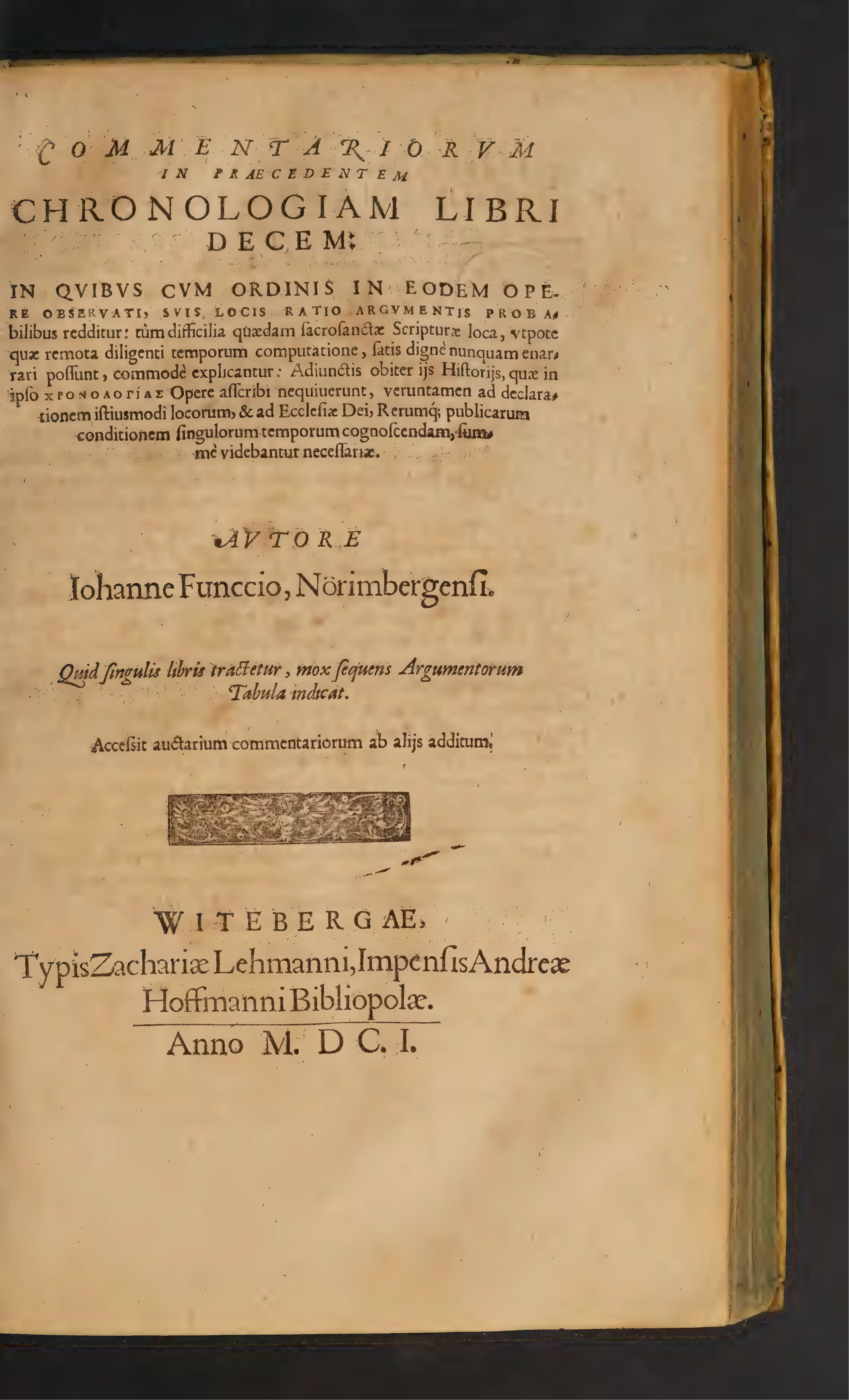 The separate title page to Funck's ten books of commentary in the 1601 Wittenberg edition.