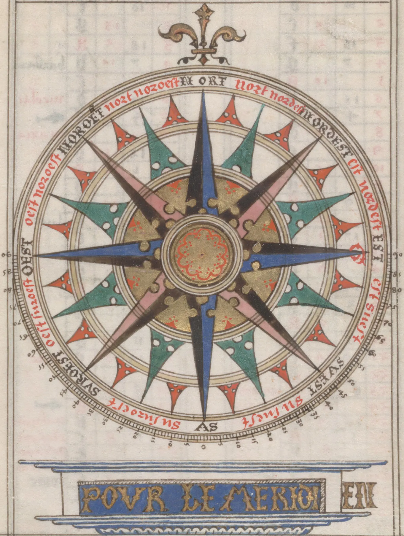 An illuminated compass card from the French portolan tradition, its ring of directional points dense with nautical ornament.