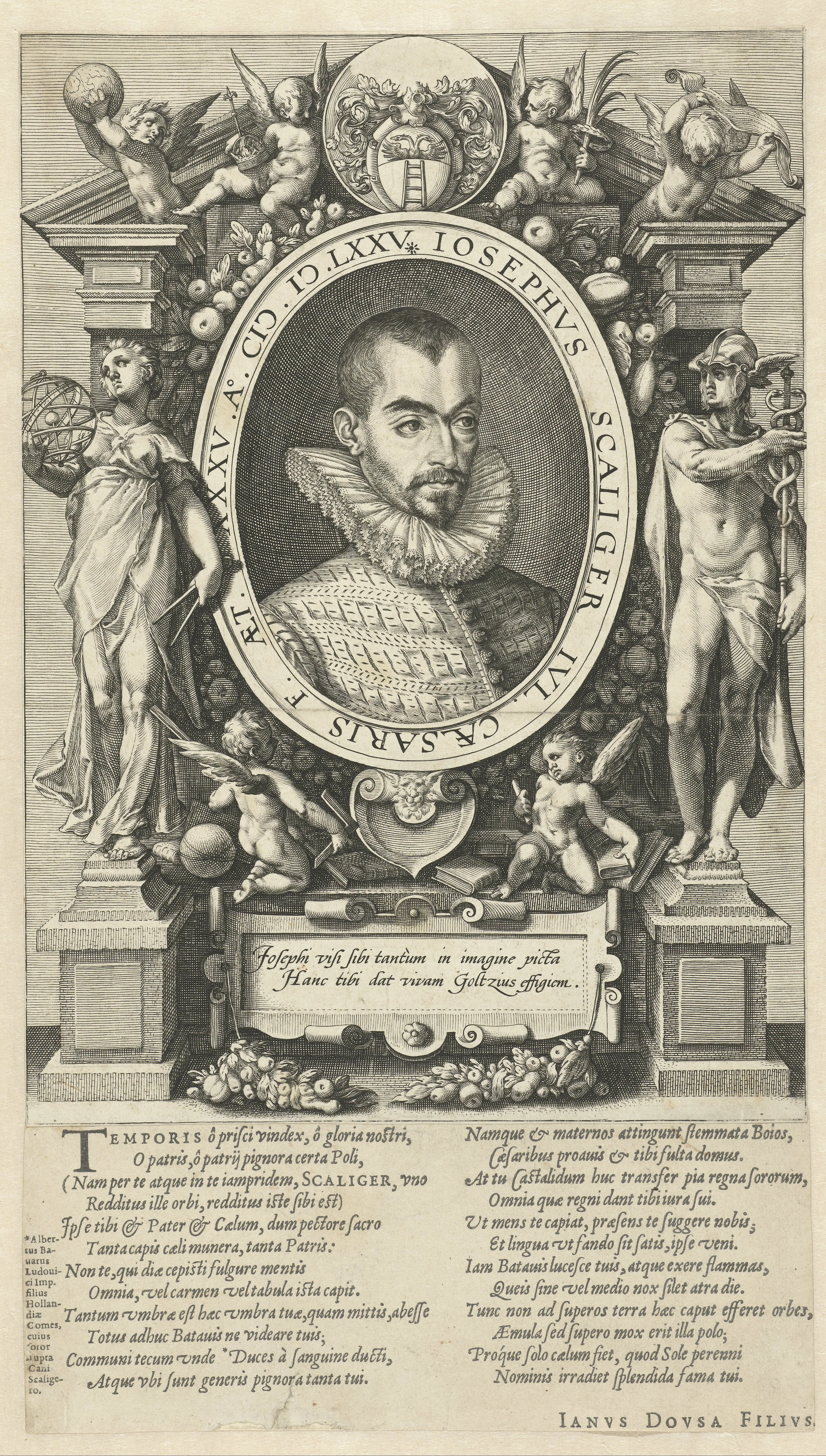 Hendrick Goltzius's 1575 engraved portrait of Joseph Scaliger, set within an architectural frame with emblems of learning.