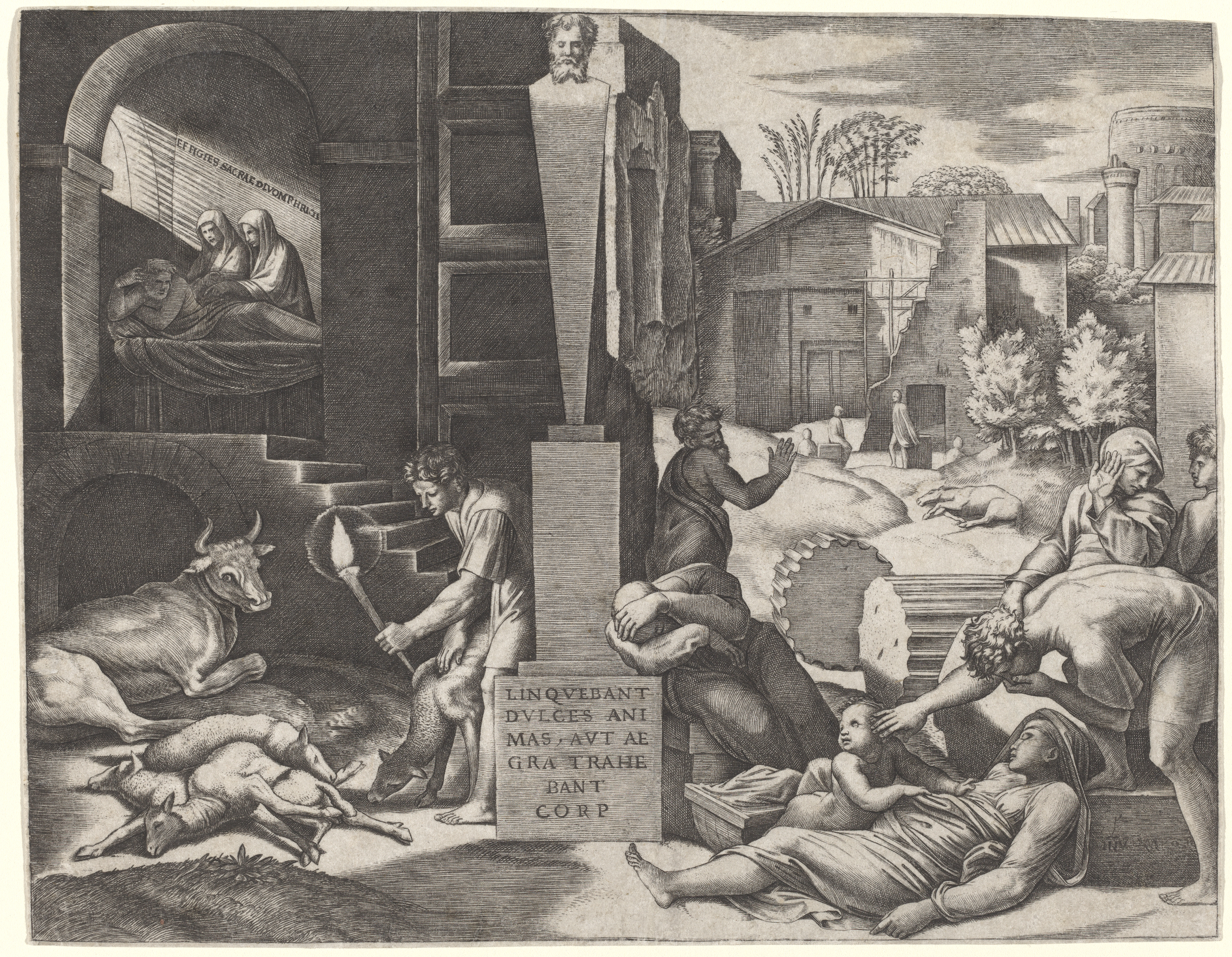 Marcantonio Raimondi's engraving after Raphael, known as Il Morbetto (The Plague), renders epidemic catastrophe in a learned classical idiom, with human and animal death set beside an inscribed plinth. Providential terror and observable bodily crisis coexist here much as they do in Ewich's threefold division of causes.