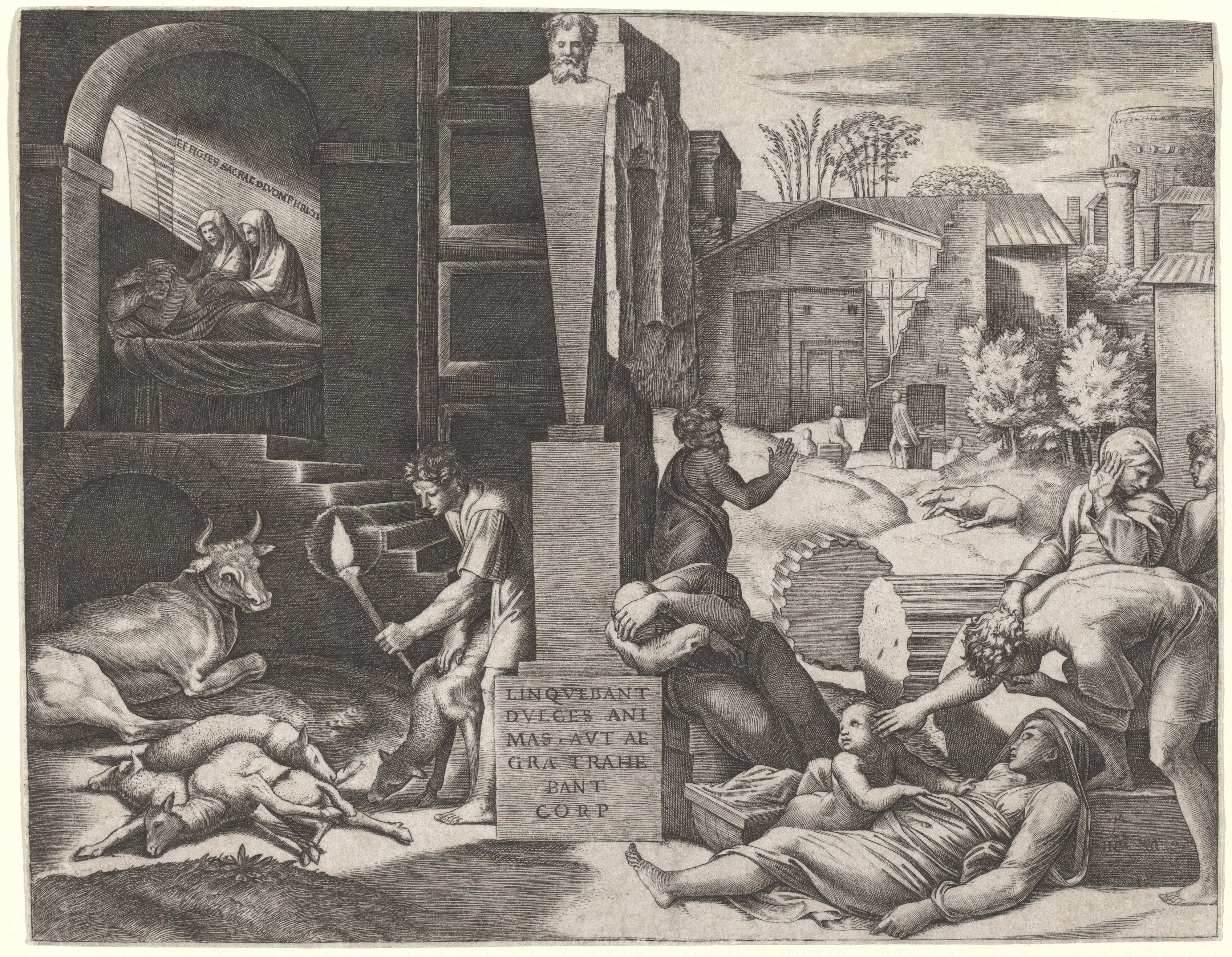 Marcantonio Raimondi's engraving after Raphael, known as Il Morbetto (The Plague), renders epidemic catastrophe in a learned classical idiom, with human and animal death set beside an inscribed plinth. Providential terror and observable bodily crisis coexist here much as they do in Ewich's threefold division of causes.