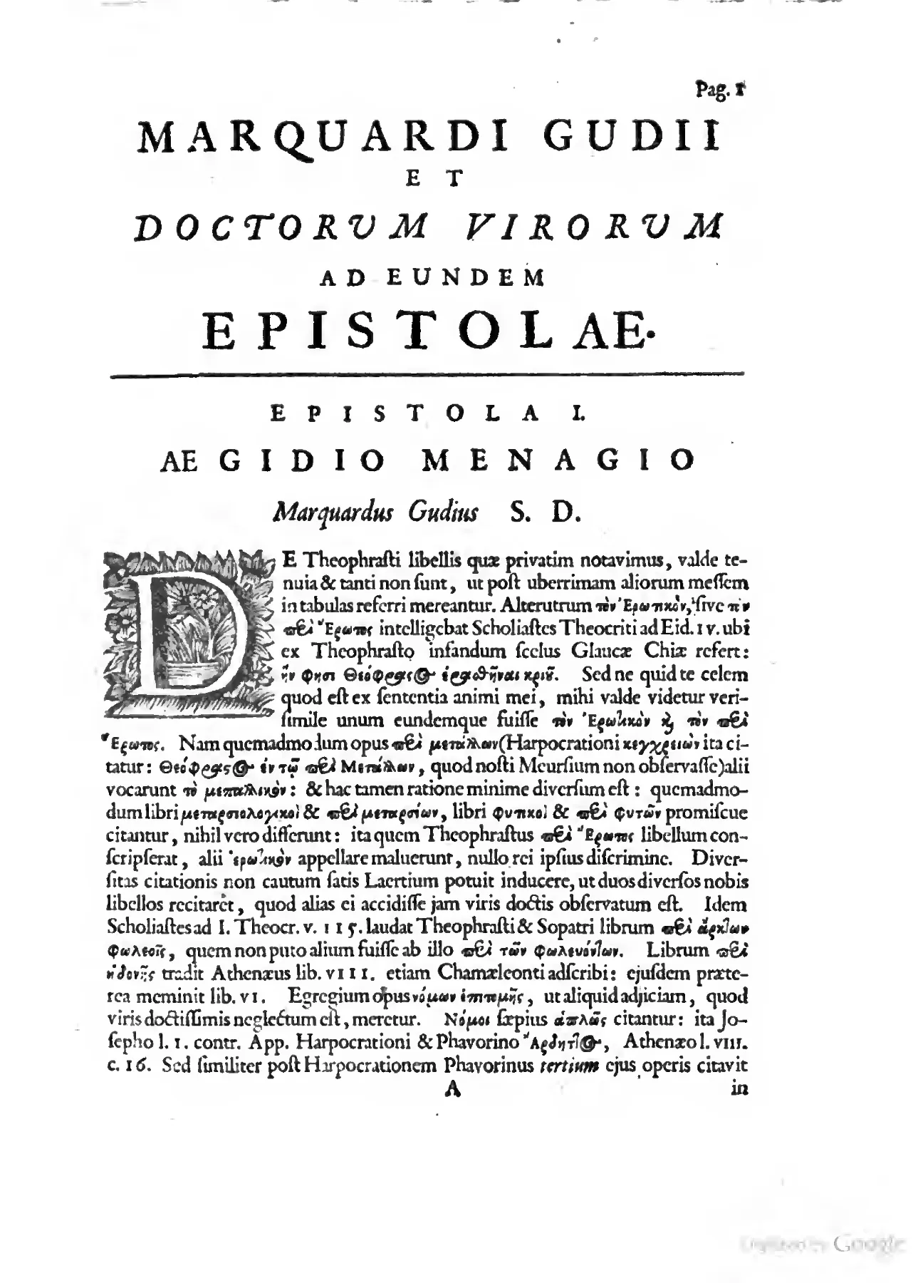 The large decorated initial opening Epistola I turns Gude's correspondence into a visible instrument of preservation.