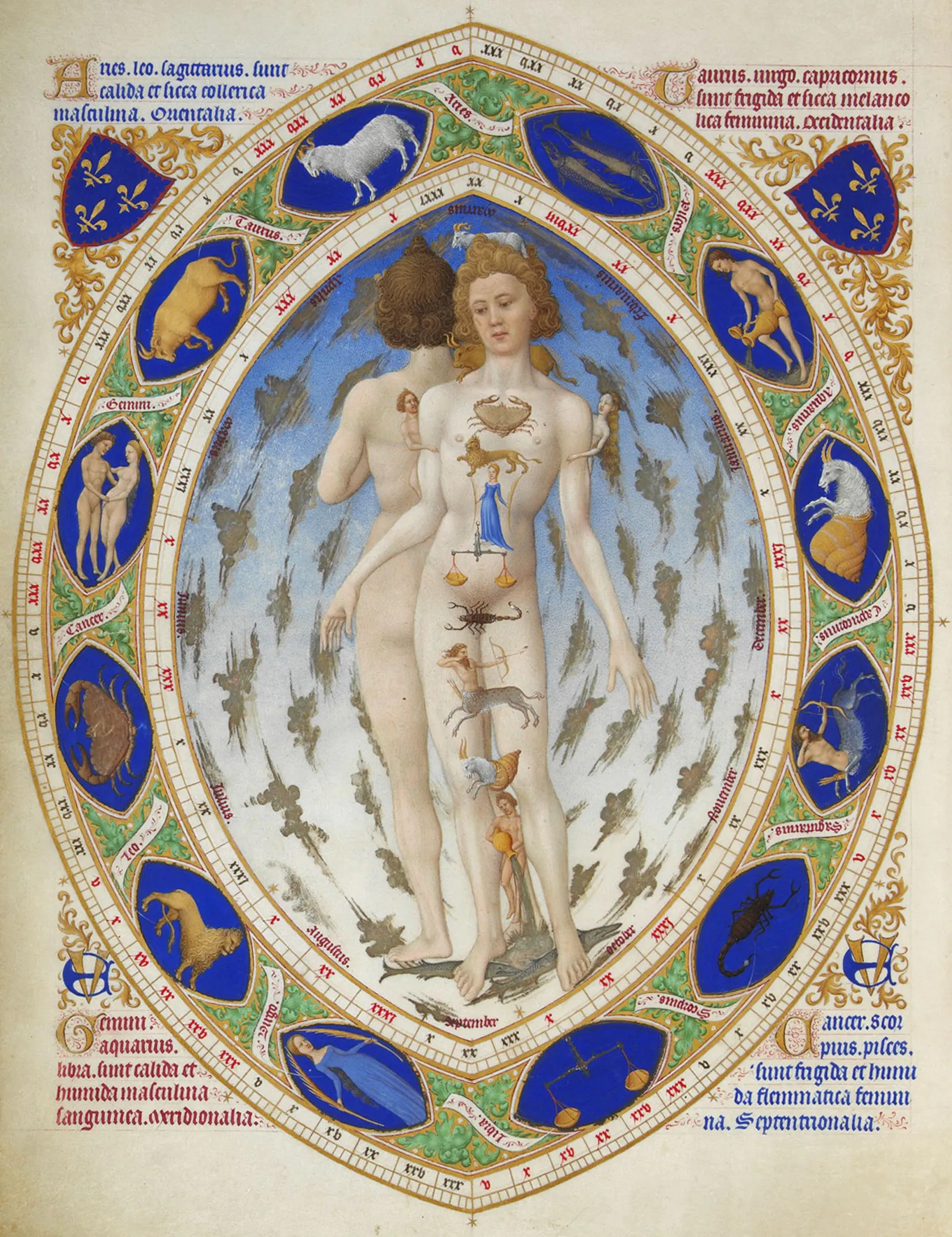 Early fifteenth-century "zodiac man" from the Très Riches Heures, with the signs encircling a human body.