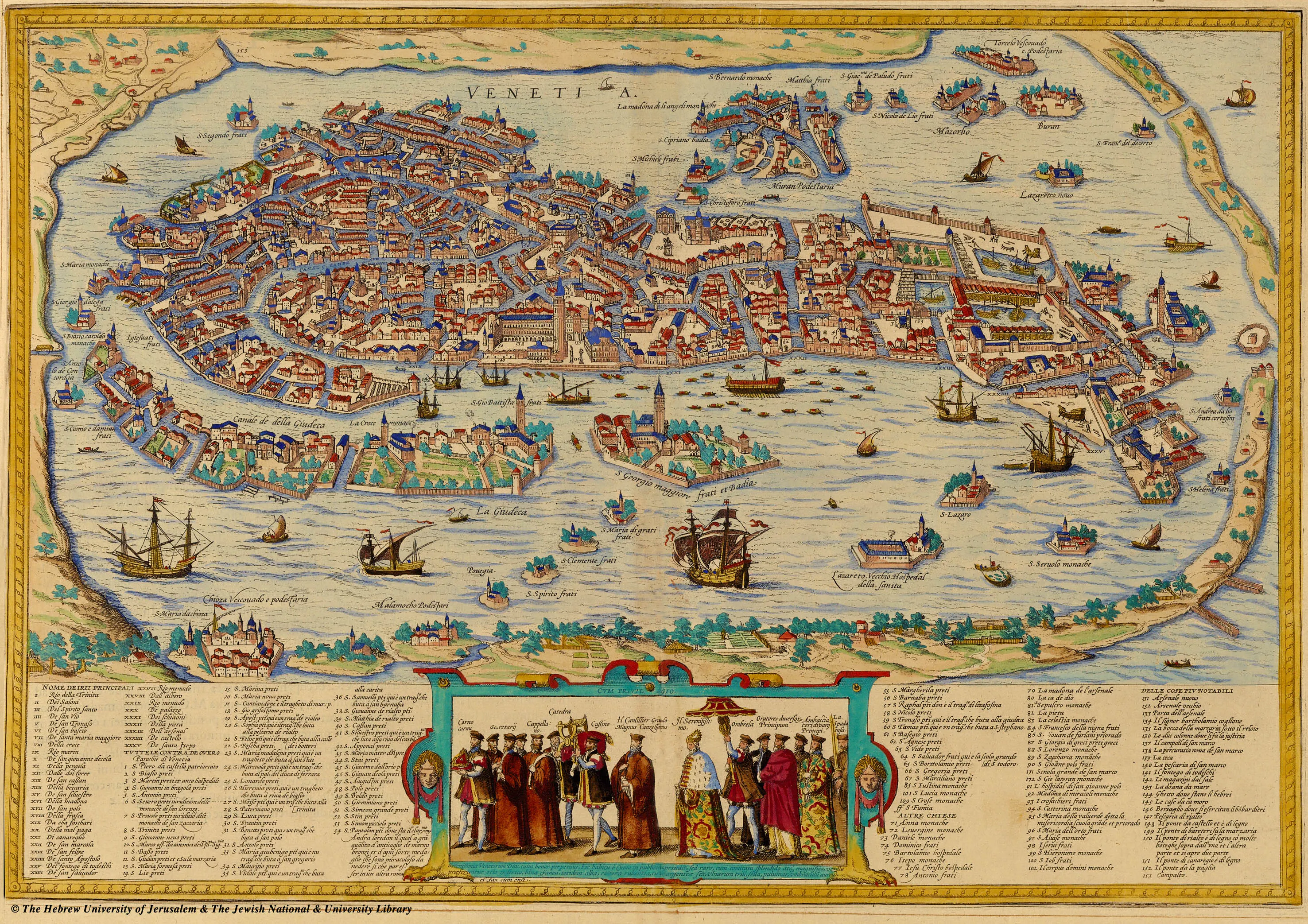 A 1572 bird's-eye view of Venice, its lagoon presented as a managed civic landscape with labelled quarantine sites such as Lazzaretto Nuovo and S. Lazere. Venice supplied Ewich with his working model for lifting plague control out of household and market improvisation into a coordinated civic regime.