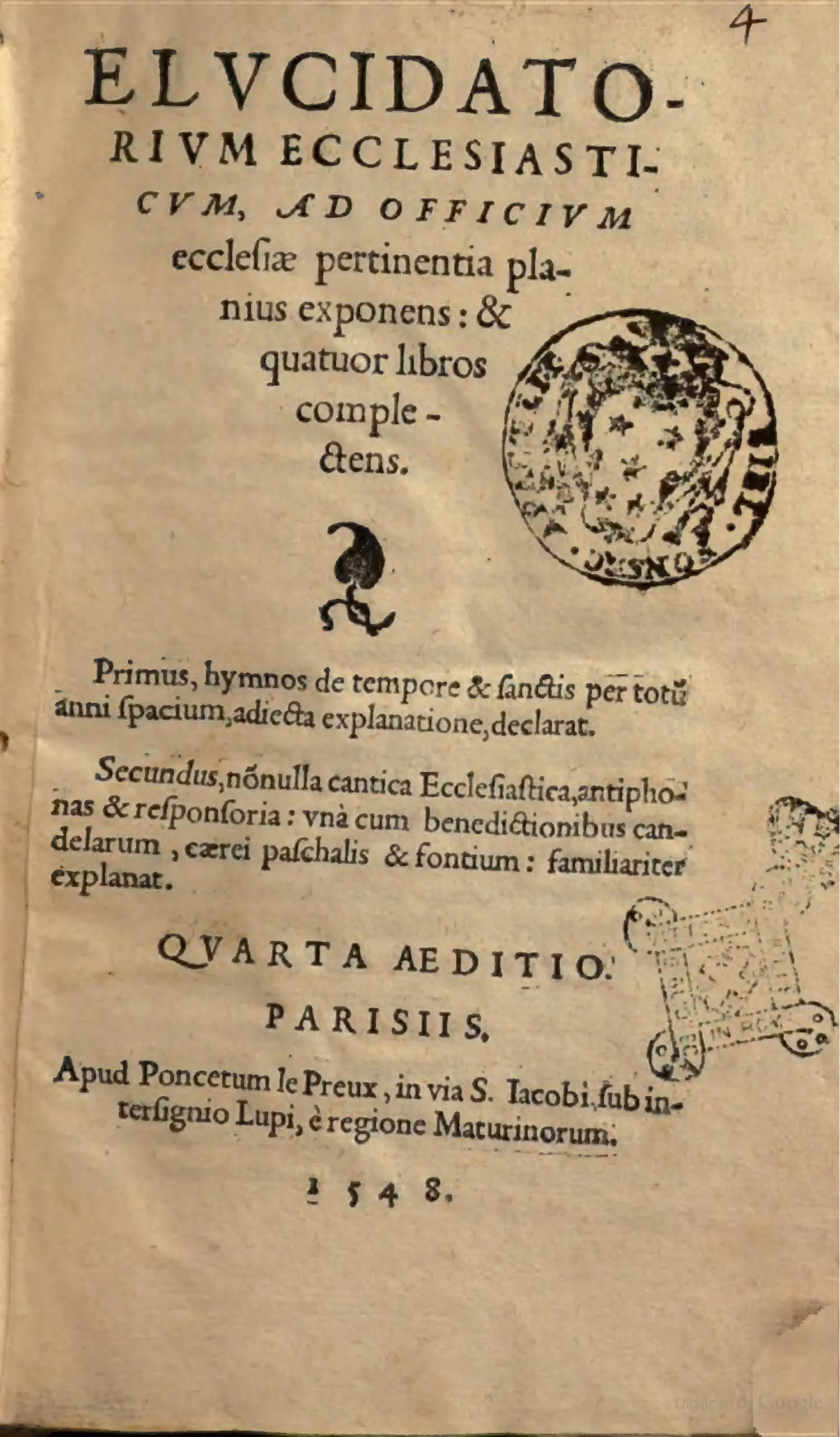 The 1548 Paris title page turns Clichtove's programme into a promise on the page: an "Elucidatorium" for the "officium ecclesiae," arranged in "quatuor libros" and advertised as the "QVARTA AEDITIO."