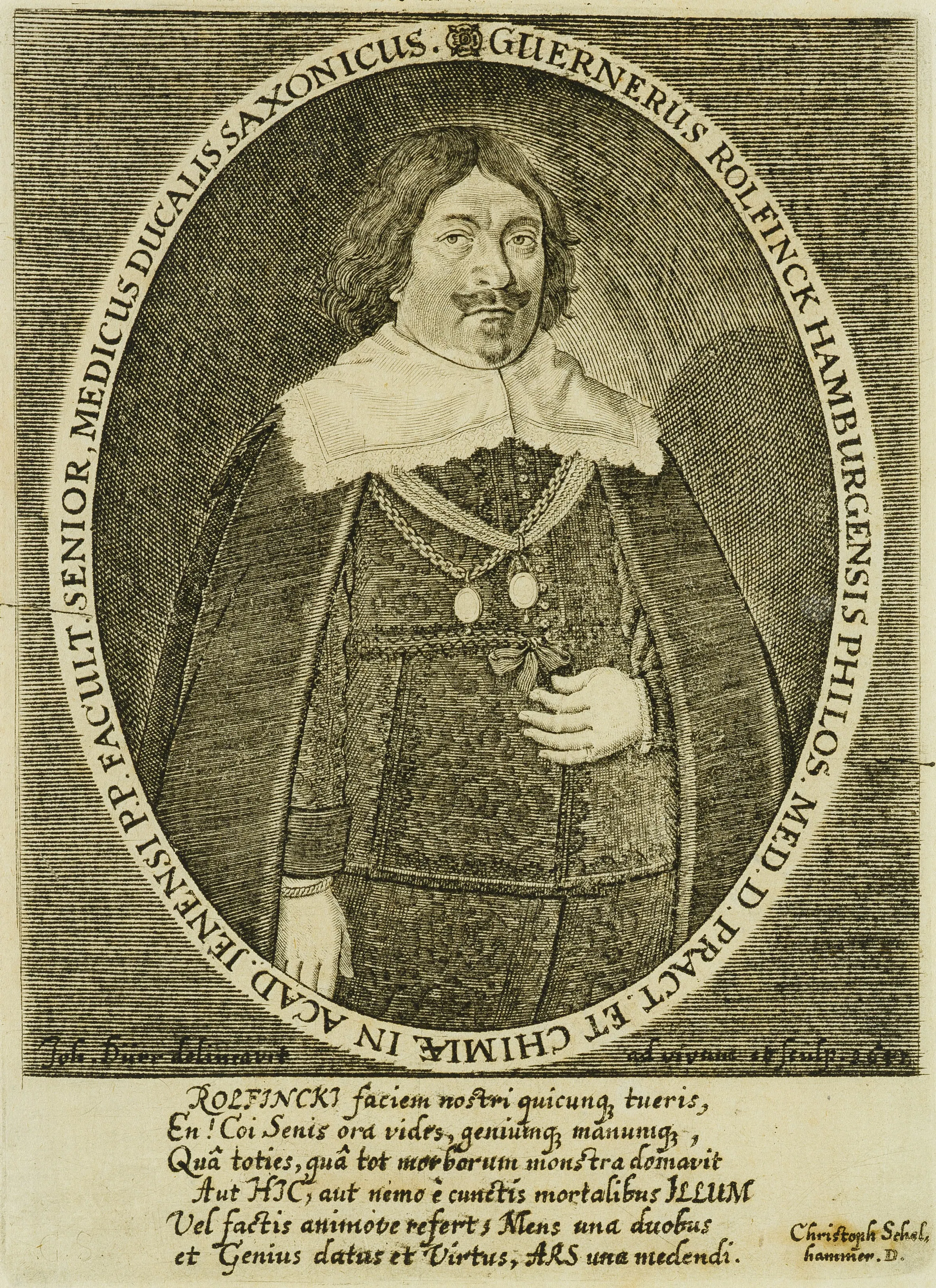 Engraved portrait of Werner Rolfinck, 1661.
