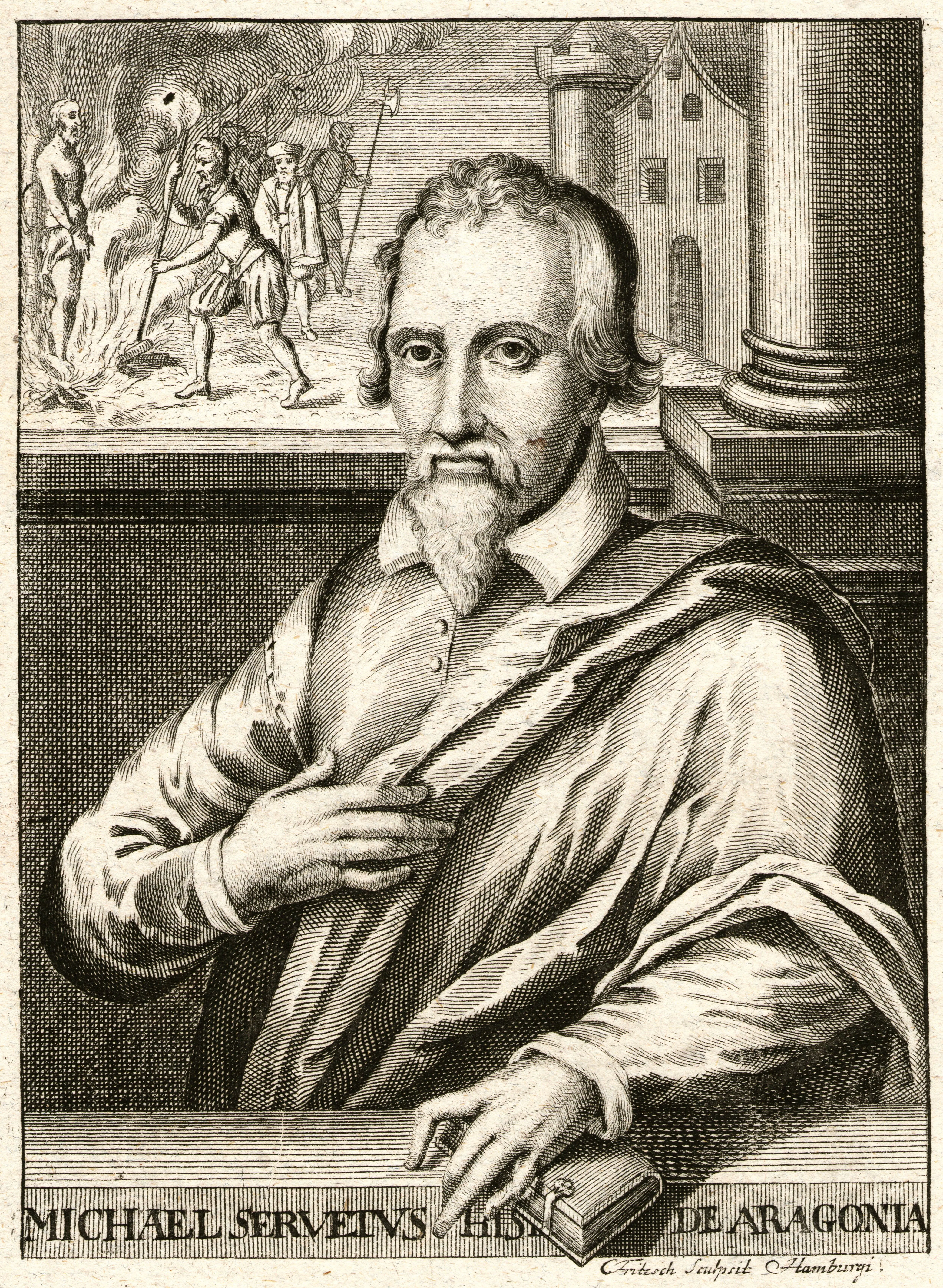 This engraved portrait of Michael Servetus, with a scene of execution set behind the sitter, gives a human face to the confessional pressures surrounding sixteenth-century medical debate.