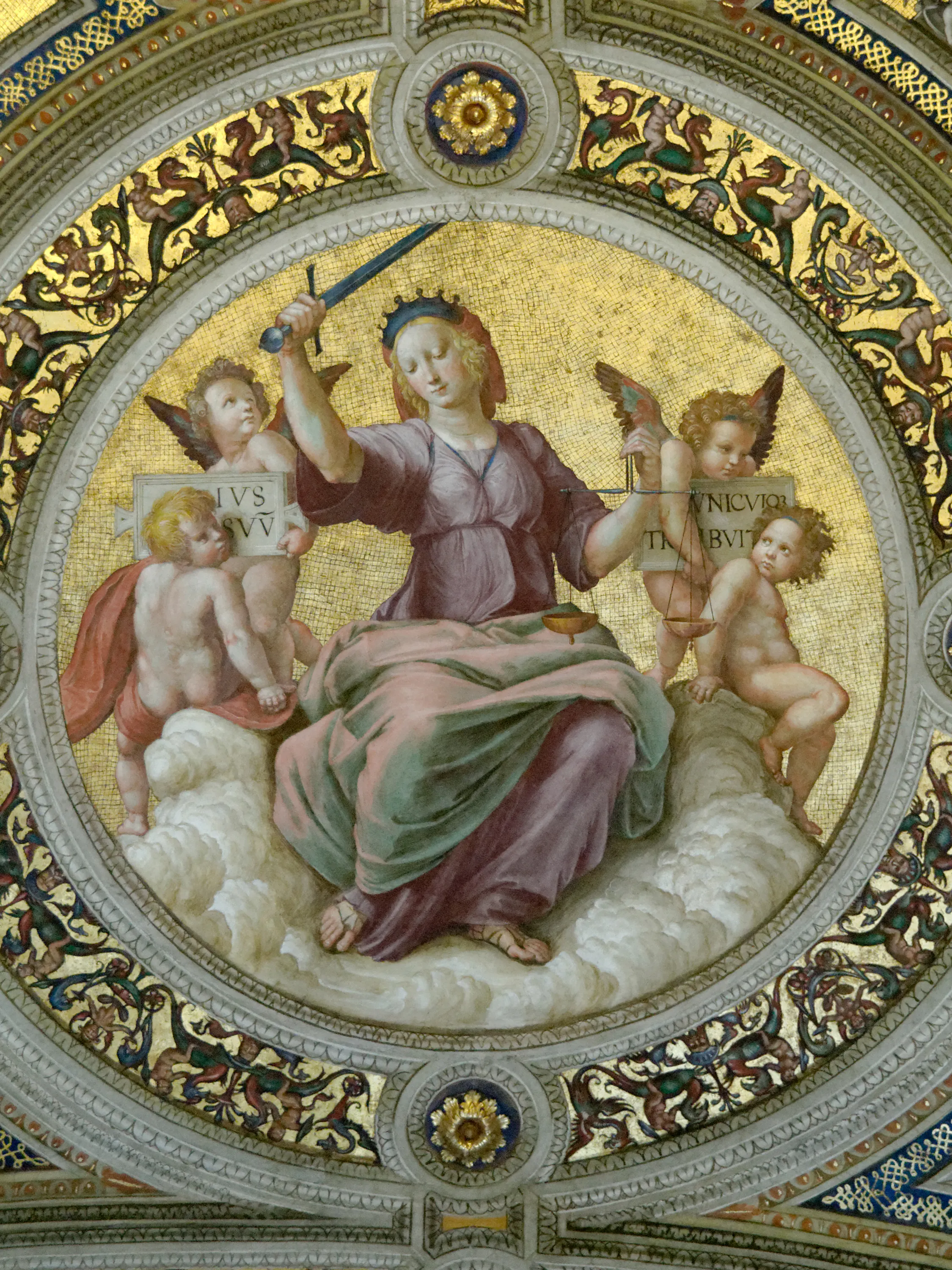 Raphael's Vatican roundel of Iustitia with sword and scales, framed by the maxim assigning each person their due.