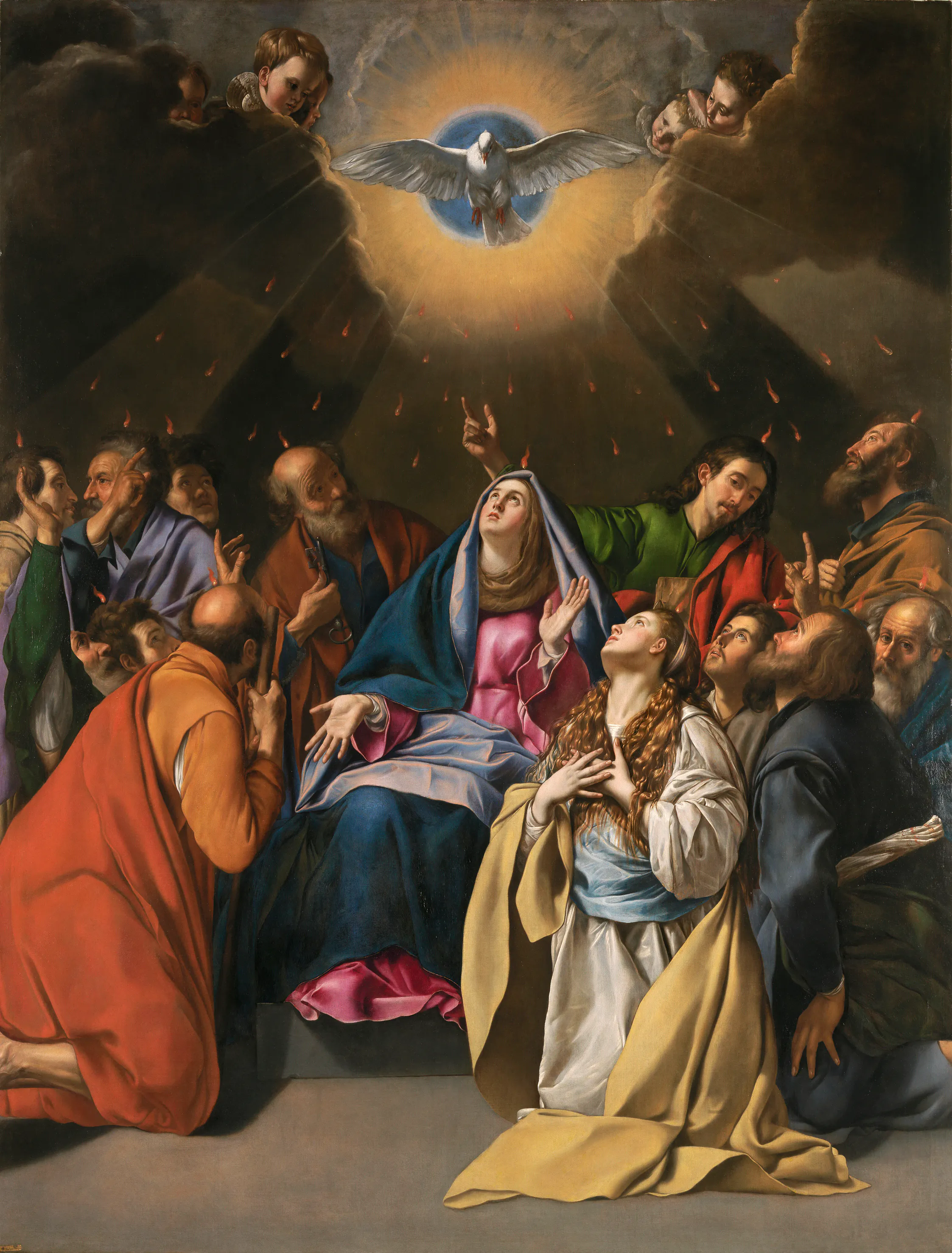 Juan Bautista Maíno's *Pentecost* (c. 1620–25, Museo del Prado) sets the descending dove of the Holy Spirit at its centre. Painted only decades before the Geneva dissertation, it shows how readily that emblem could join Pentecost to Noah's ark, licensing a challenge to settled opinion as divinely sanctioned rather than merely novel.
