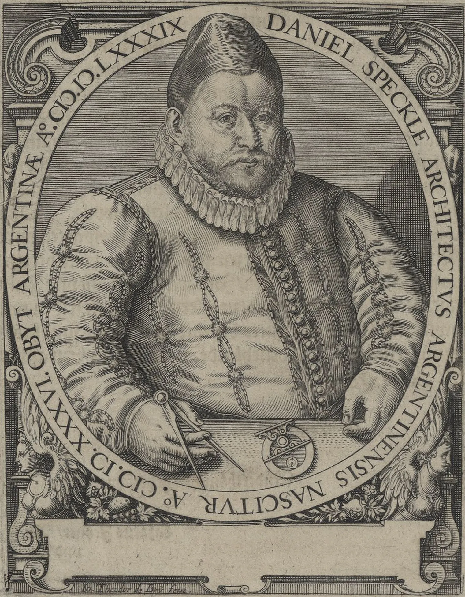 A portrait of Daniel Specklin (1536–1589), the Strasbourg military architect whose name stands among the authorities Goldmann cites. Whether such references mark substantive technical debts or the learned scaffolding of a discipline defining its canon remains an open question.