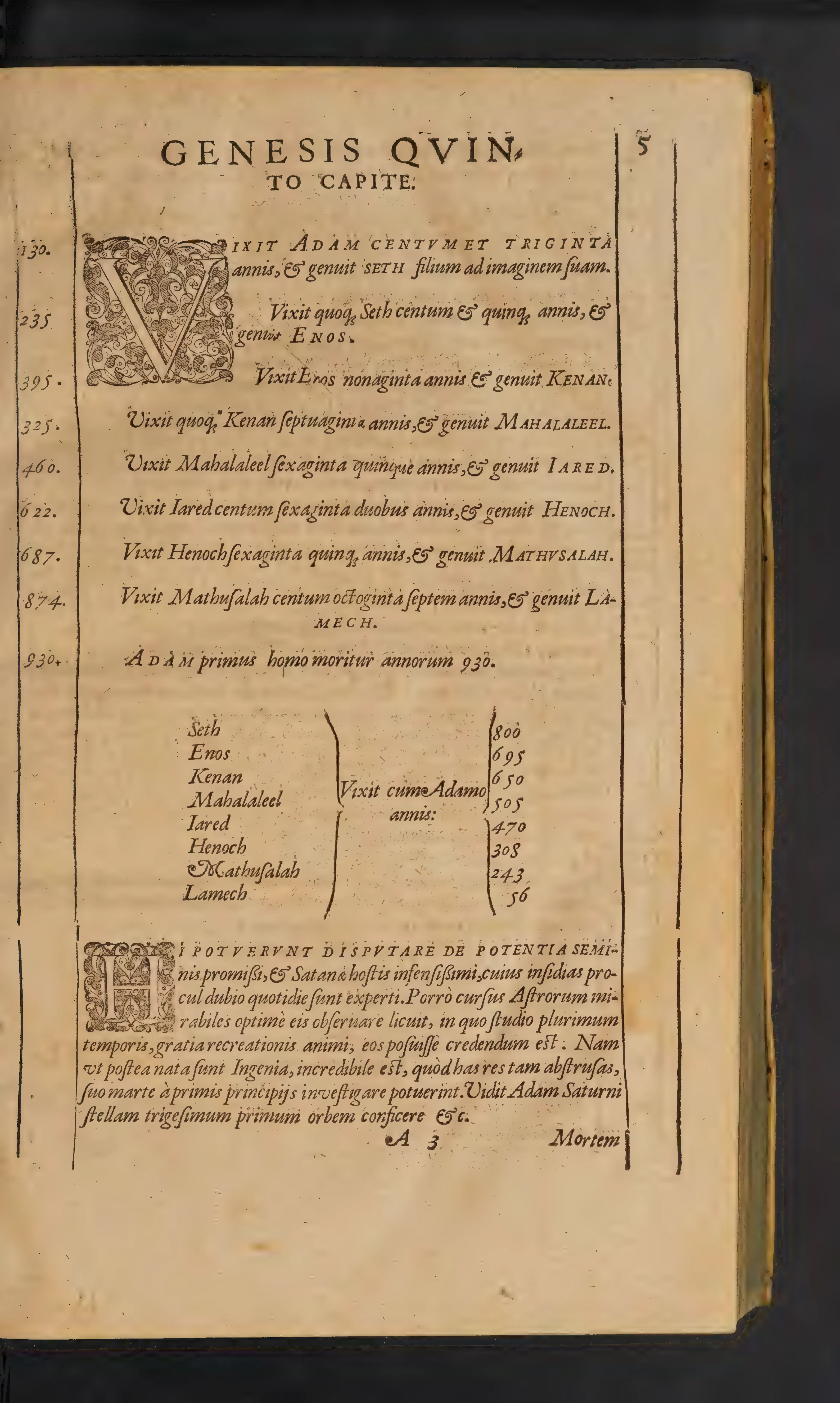 A page on Genesis 5, with cumulative figures in the margin and a ruled table of patriarchal overlaps with Adam.