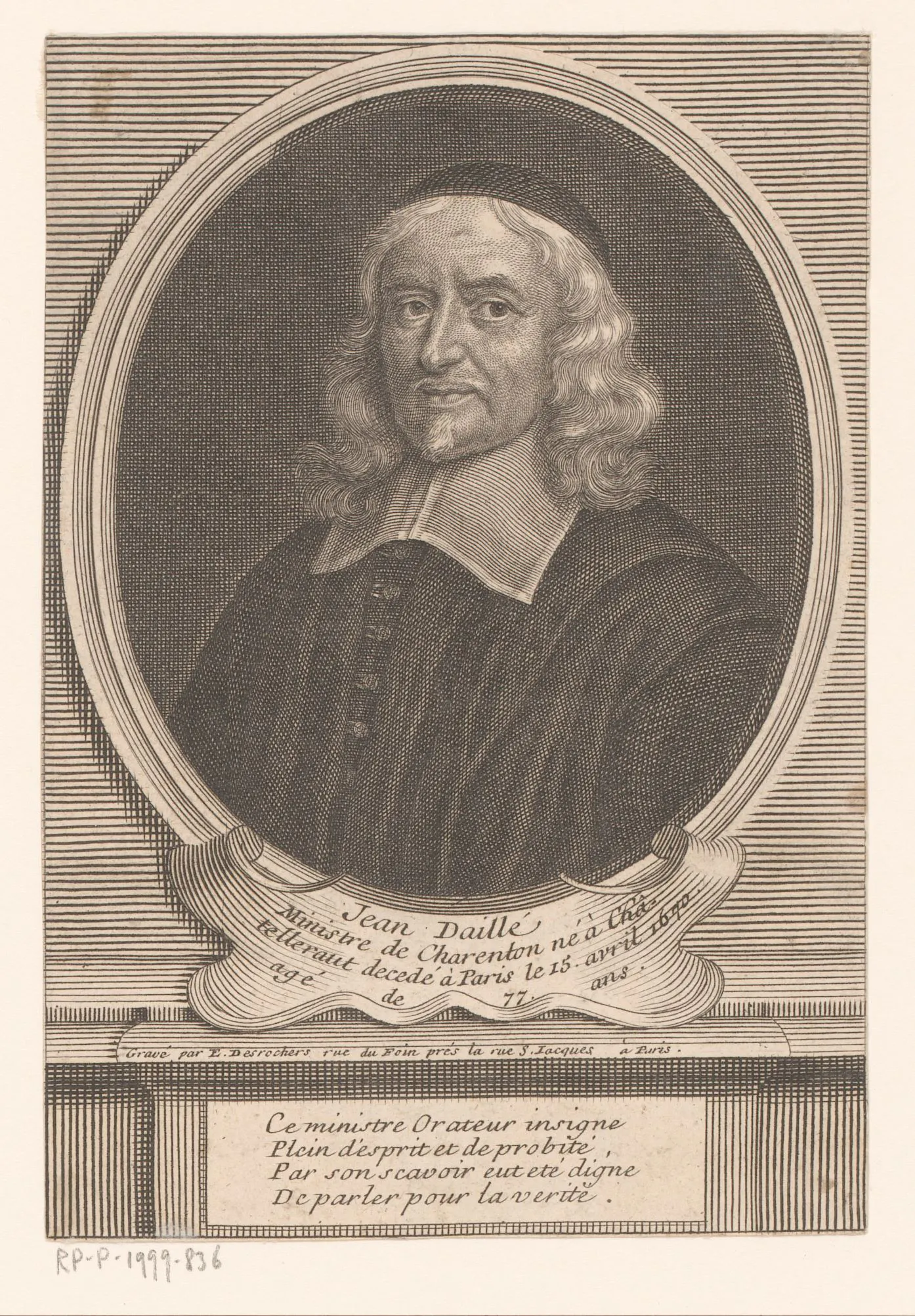 An engraved portrait of Jean Daillé, the Huguenot minister whose 1666 treatise on the Dionysian and Ignatian writings made him Pearson's principal antagonist.