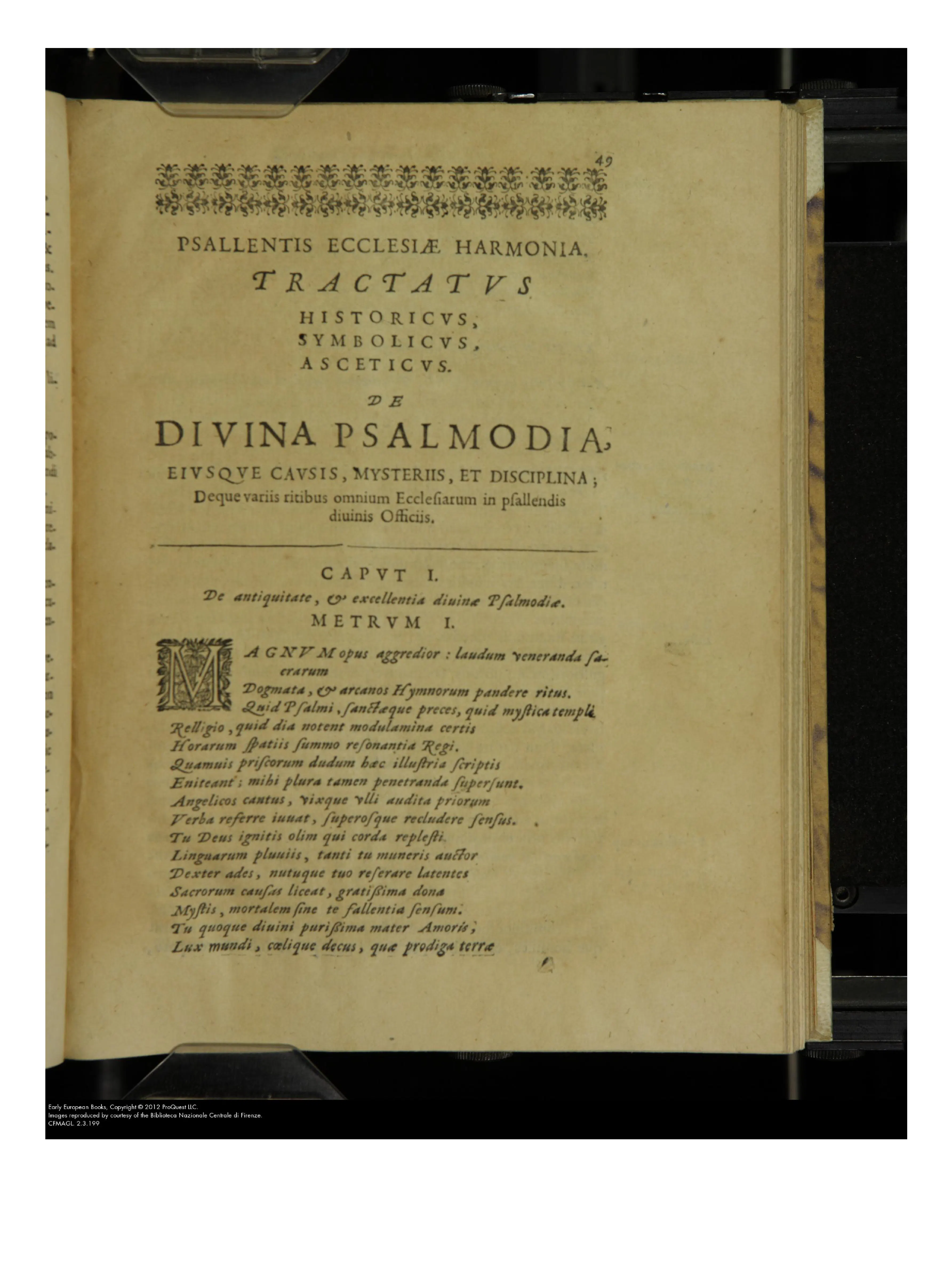 The opening of the treatise proper turns Bona's programme into typography: the title declares a tractatus historicus, symbolicus, asceticus, while a hexameter proem announces the "great work" of unfolding sacred praise and hidden rites. Its visible close turns toward the Virgin — erudition framed as devotion.