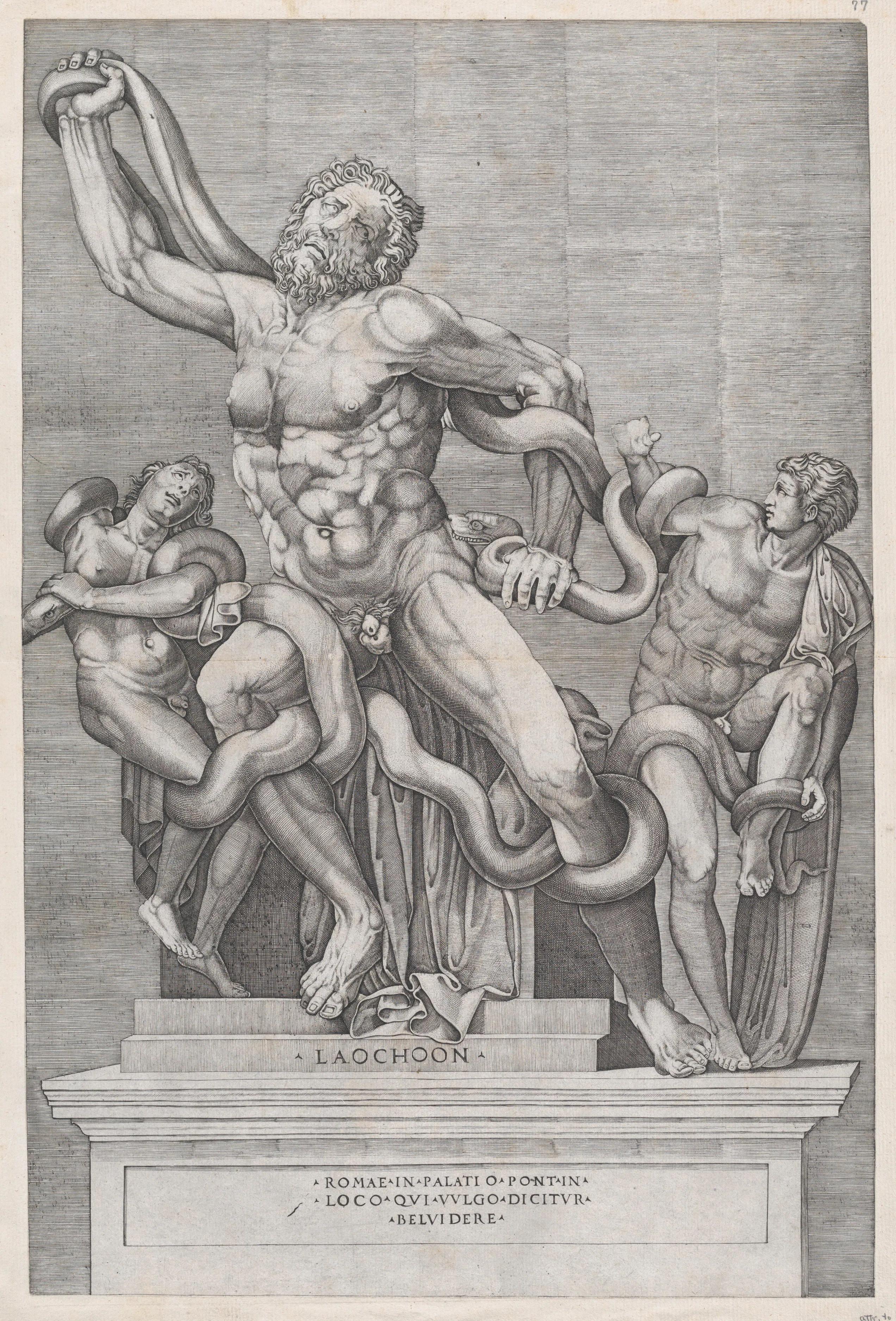 A sixteenth-century plate from the Speculum Romanae Magnificentiae fixes the Laocoön group — priest and sons locked in the coils of serpents — within the Roman visual culture that grew out of its 1506 recovery and installation in the Belvedere. Made for antiquarian scrutiny, it sharpens the letter’s point: the unearthed statue was not only admired as an ancient marvel but examined by sculptors for joins and workmanship, direct observation set against Pliny’s authority.