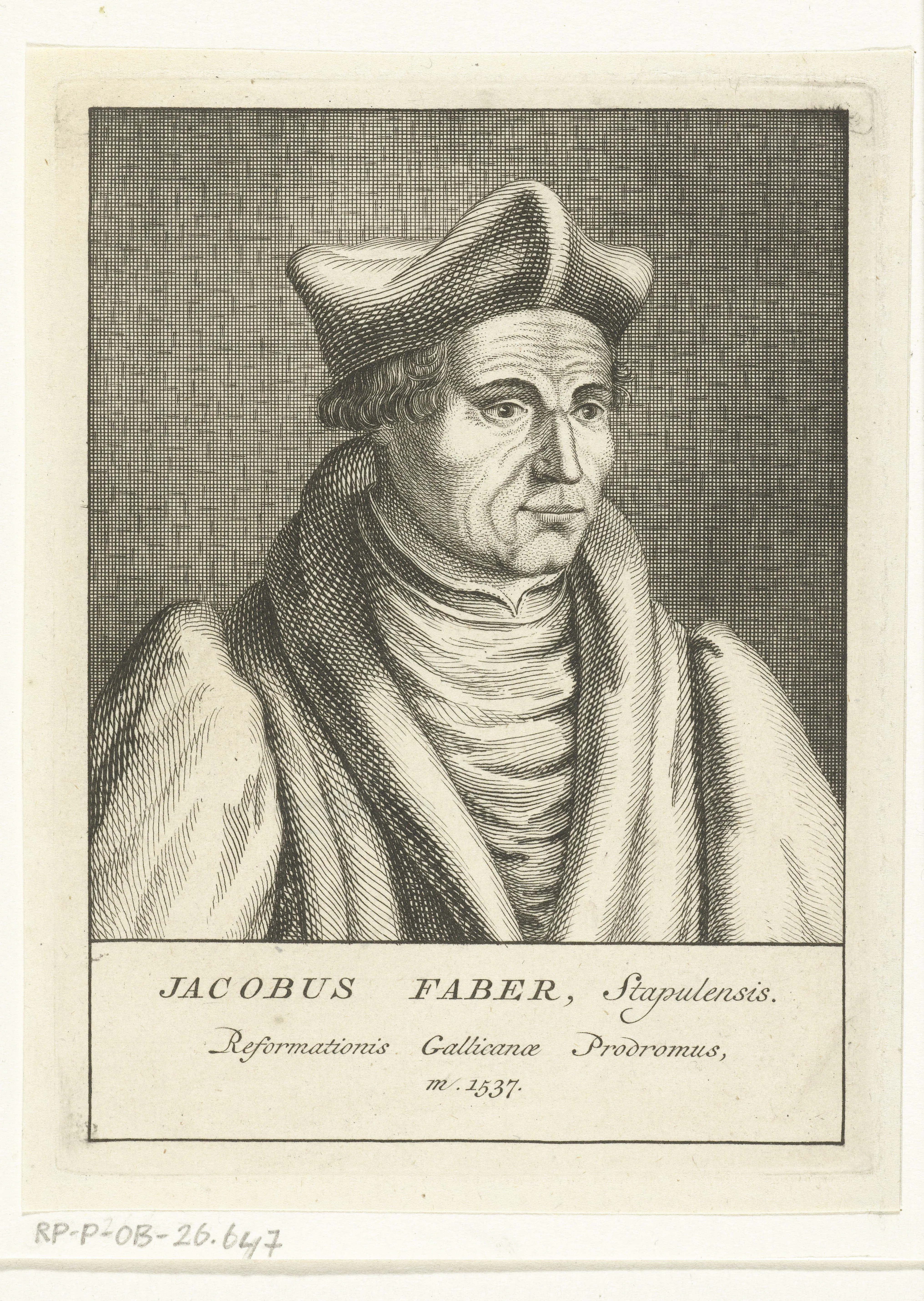 In this later Leiden etched-and-engraved portrait, Jacques Lefèvre d'Étaples appears under his Latin scholarly name, Jacobus Faber Stapulensis—the master whose circle helped shape Clichtove's confidence that inherited liturgical Latin could be repaired by philological labour without ceasing to be Catholic. It gives a face to the Fabrist milieu behind the *Elucidatorium*, rather than depicting Clichtove or a page of his work.