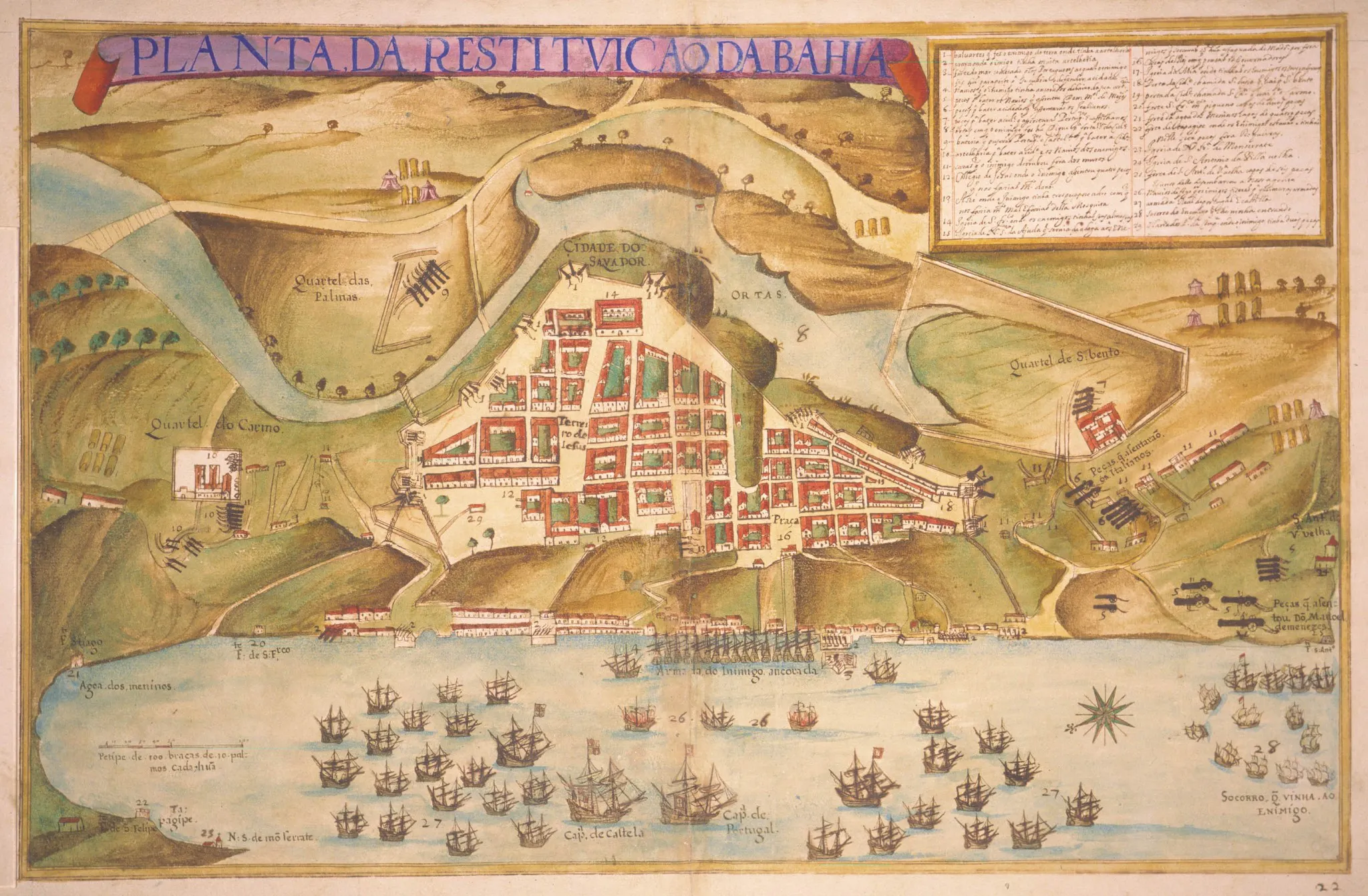 João Teixeira Albernaz, Planta da Restituição da Bahia, 1631: a bird's-eye view of Salvador and the fleet that retook it from the Dutch in 1625