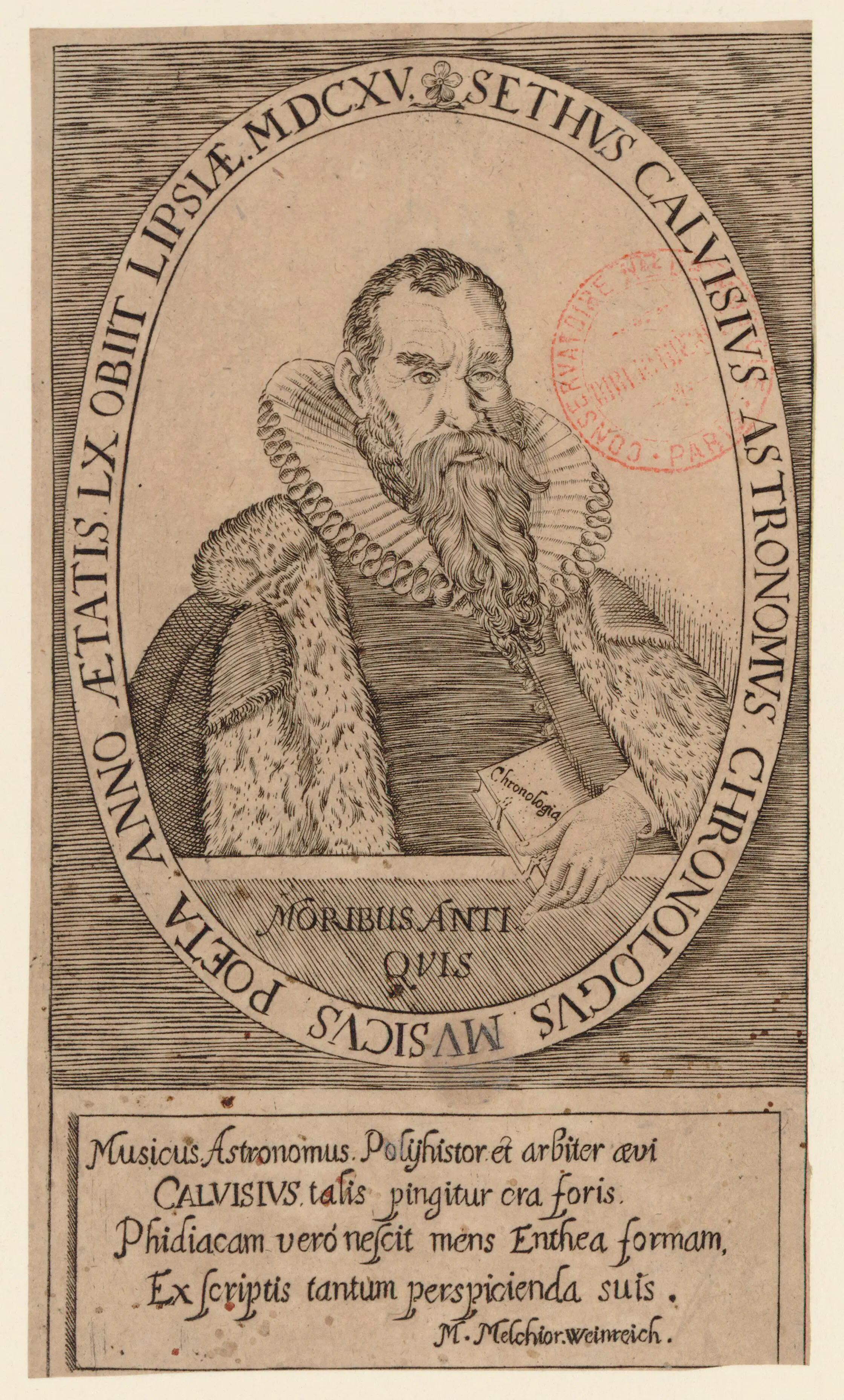 An engraved portrait of Sethus Calvisius, shown with a volume of his Chronologia.