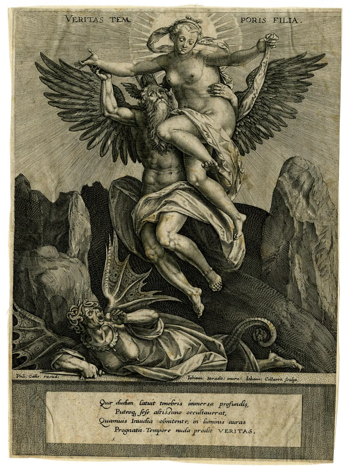 Veritas Temporis Filia ("Truth is the Daughter of Time"), engraved by Jan Collaert II. Time carries Truth up into the light while Envy lies defeated below.