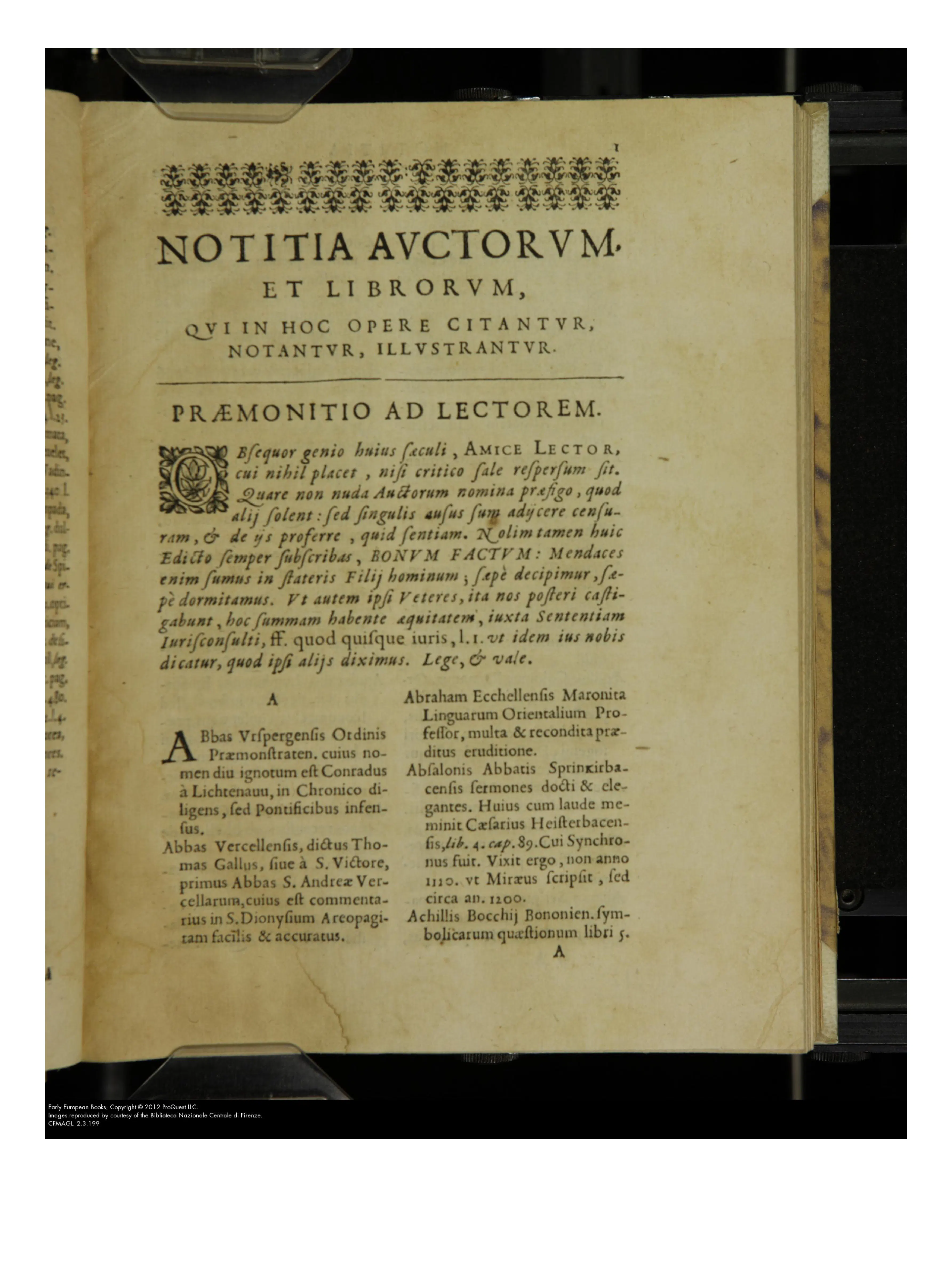 The printed opening of the Notitia auctorum et librorum, where the Præmonitio gives way to alphabetized entries under "A." In that transition from preface to register, citation becomes discrimination: authors and books enter Bona's learned archive only once their authority has been weighed.