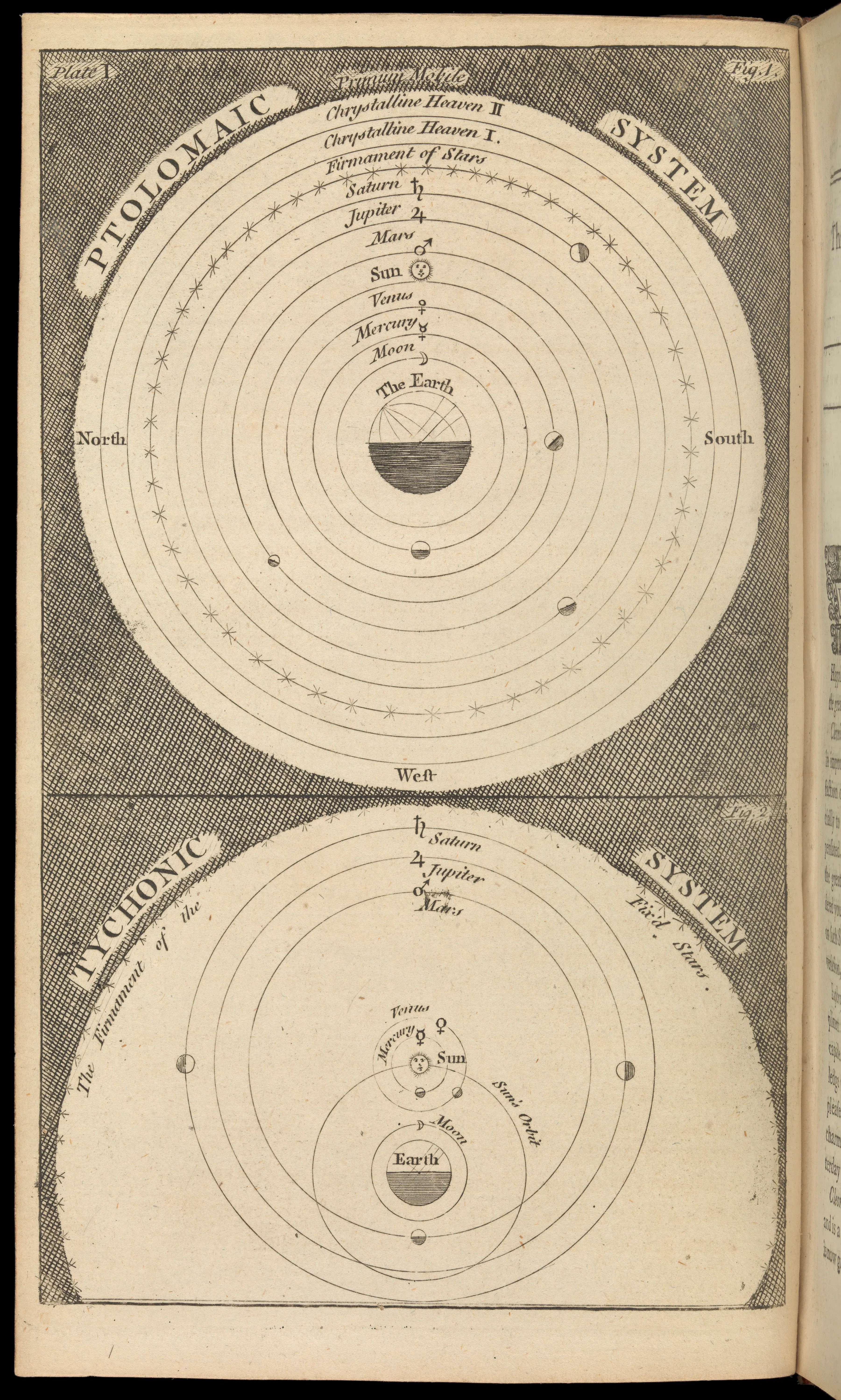 A comparative cosmological plate sets the older Ptolemaic ordering against a Tychonic arrangement, making visible the move from comets as sublunary "meteors" to bodies operating in the heavens. That post-Tychonic geometry is what lets Puteanus recast the comet as solar light above the Moon rather than destructive fire kindled in the lower air.