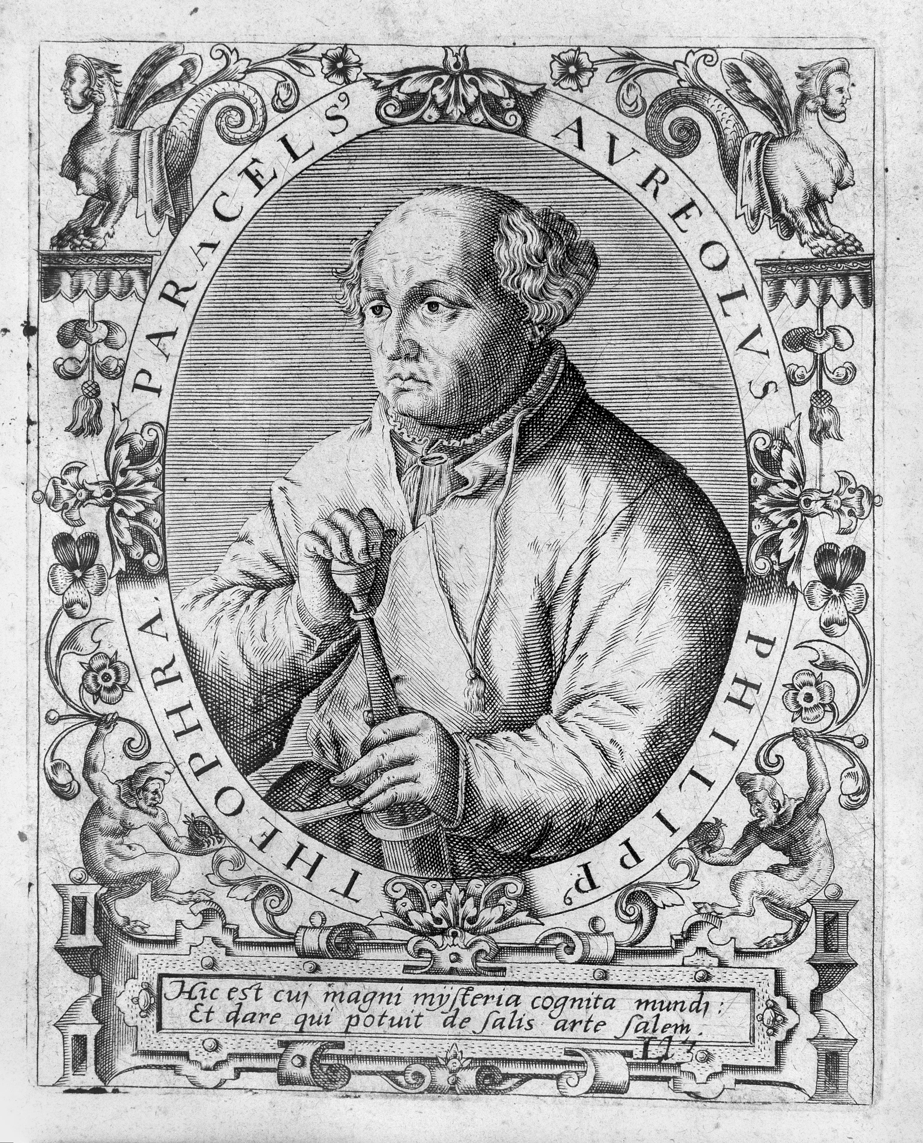 This 1645 engraved portrait presents Paracelsus as a commanding, almost emblematic figure, framed by an elaborate oval surround, matching the intellectual threat the Galenic physicians could not simply ignore.