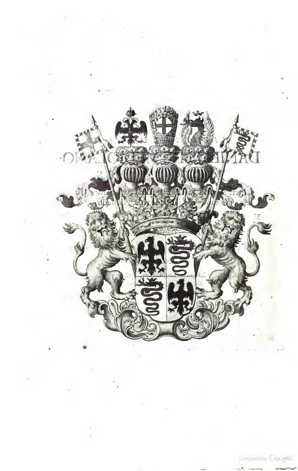An engraved full achievement: a quartered shield with lion supporters, crowns, mantling, and flanking standards.