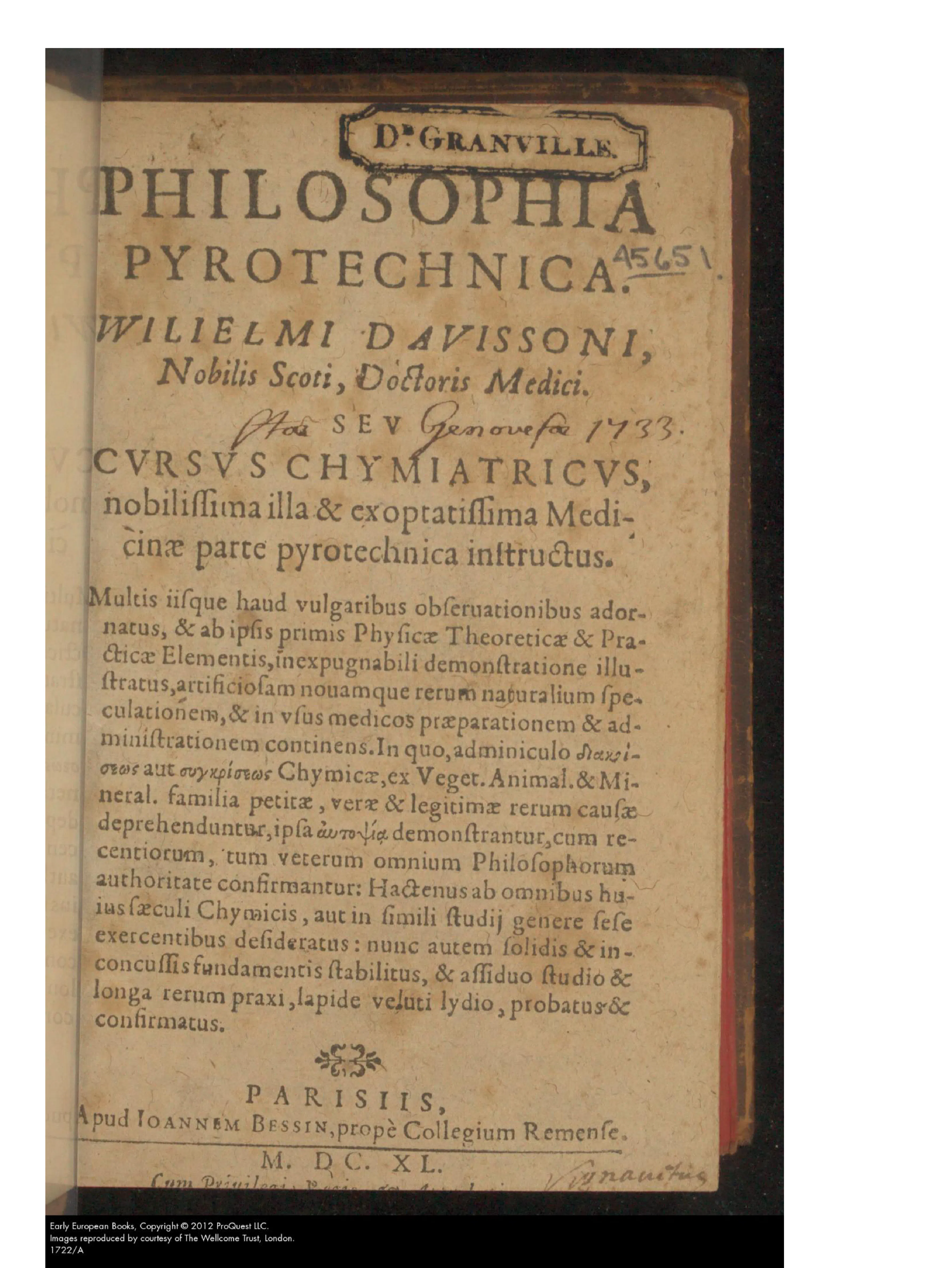 Davisson's title page declares the programme at once: pyrotechnic work presented as a chymiatric course in the noblest part of medicine, the author styled Wilielmi Davissoni, Nobilis Scoti, Doctoris Medici, and Bessin's Paris imprint near the Collège de Reims dated 1640. A later "Dr. GRANVILLE" ownership stamp marks the copy's afterlife.