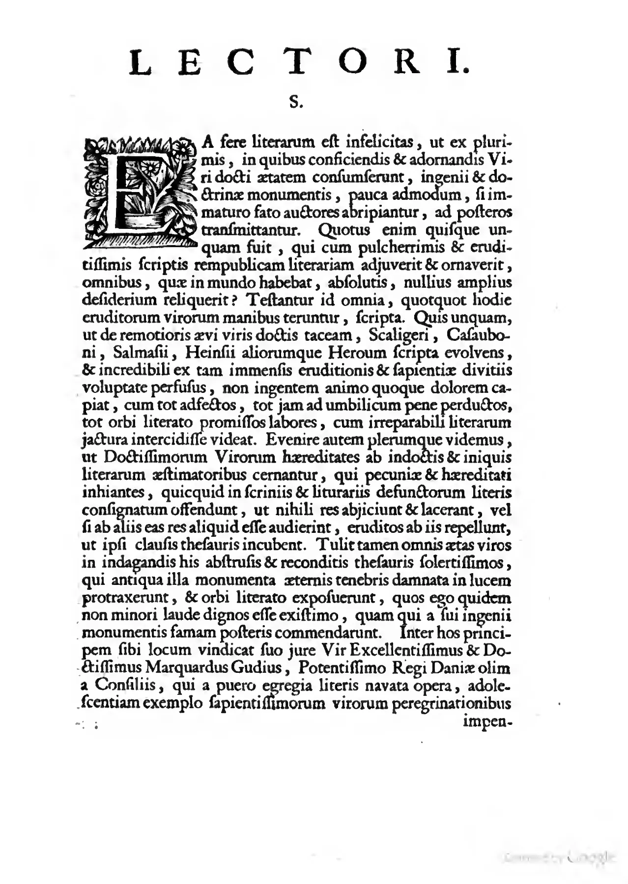 The imposing LECTORI heading and large ornamental initial mark Burman's address to the reader as the threshold where the collection first casts learned writing as vulnerable to death, neglect, and material loss.