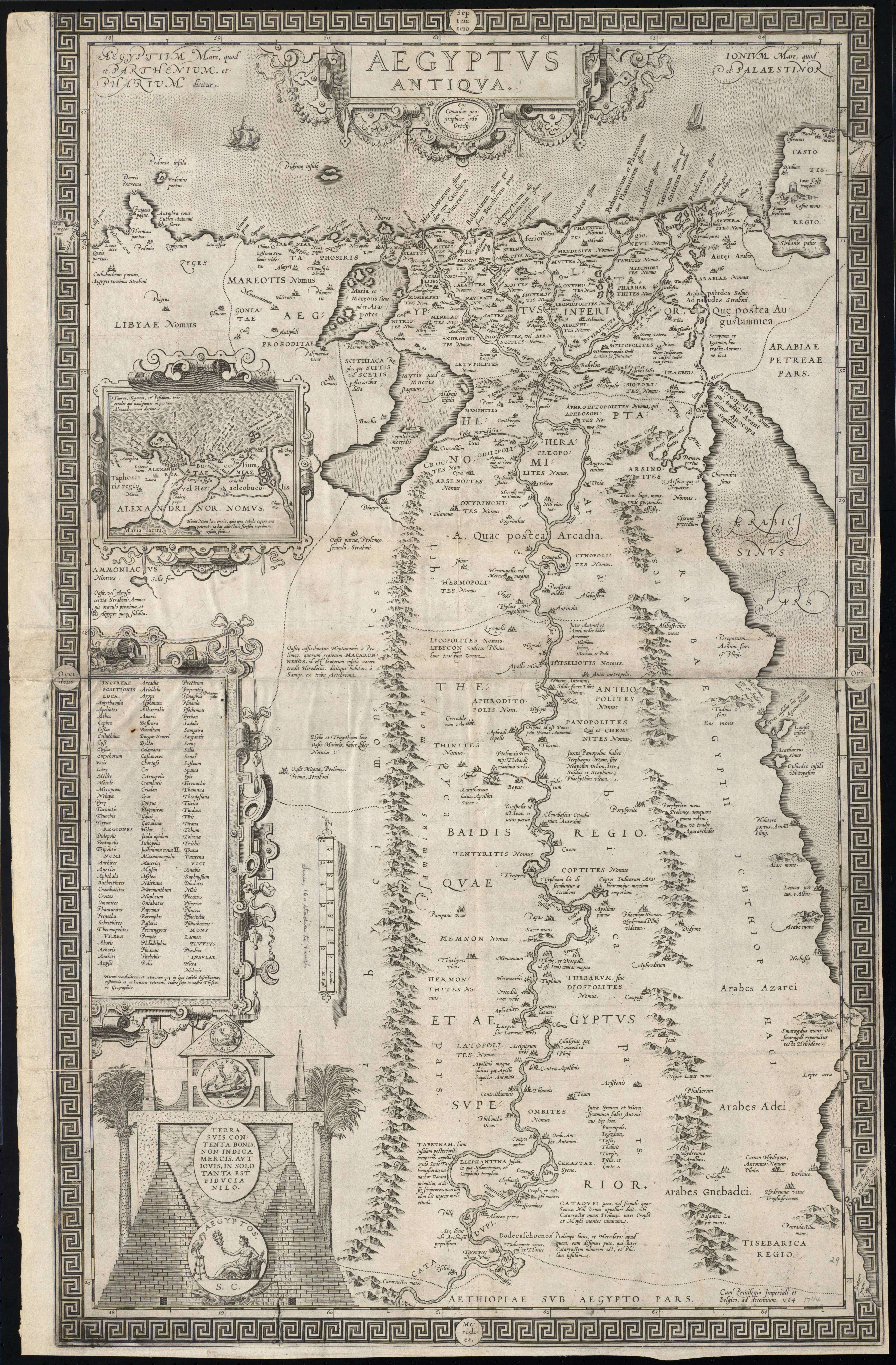 Ortelius's 1584 map of ancient Egypt sets out the Nile valley and Red Sea approaches that made Cairo — and the garden at Matarea — a hinge between Egyptian cultivation and Arabian provenance. For readers weighing local testimony against Italian medical authority, such cartography charted the networks through which balsam travelled.