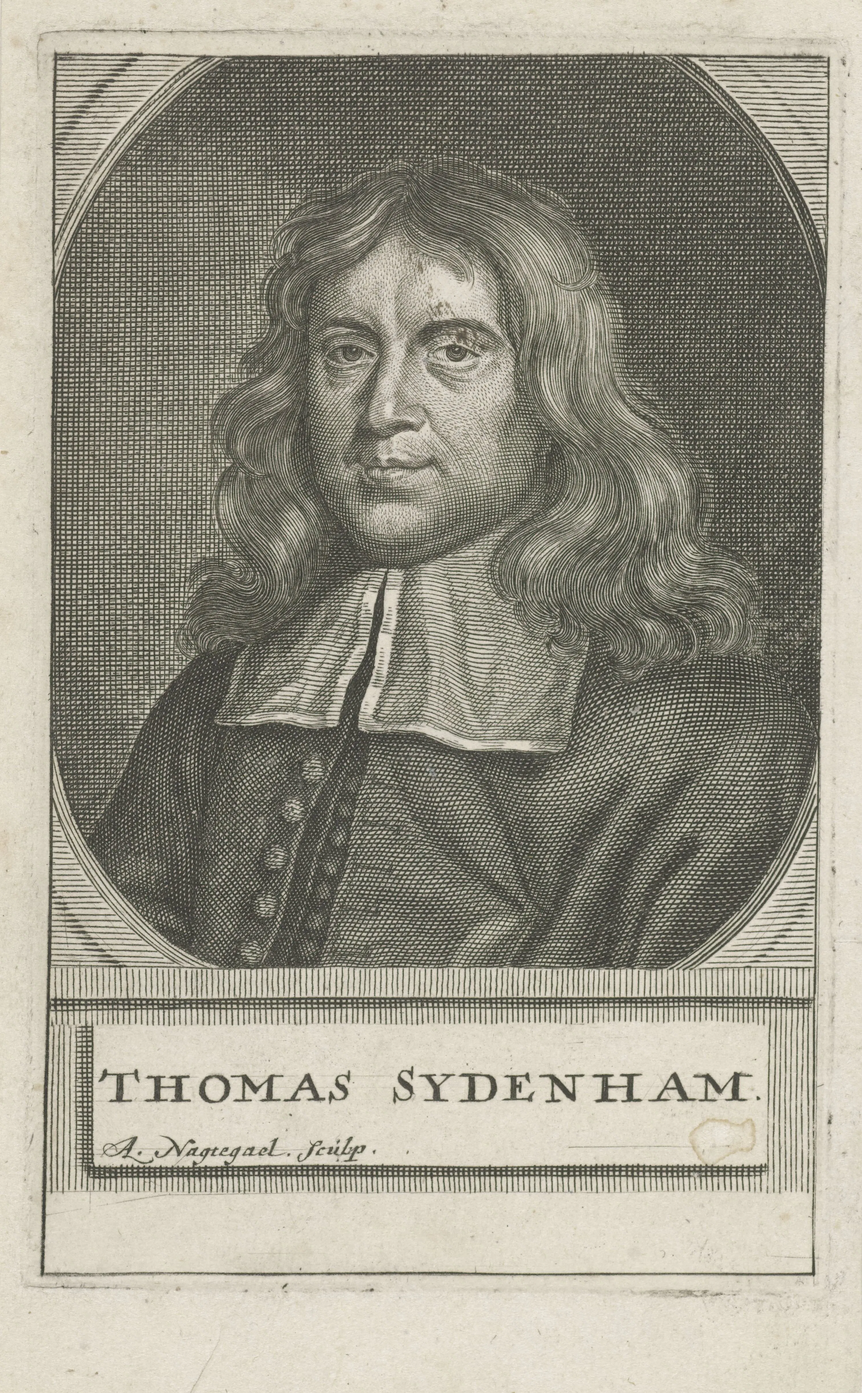 A Dutch engraved-and-etched oval bust portrait presents Thomas Sydenham as the kind of medical authority Berger and Vater could invoke when conceding that plague's true specific remedy remained undiscovered. His presence here underscores the disputation's Sydenhamian balance of empirical clinical attention with therapeutic restraint.