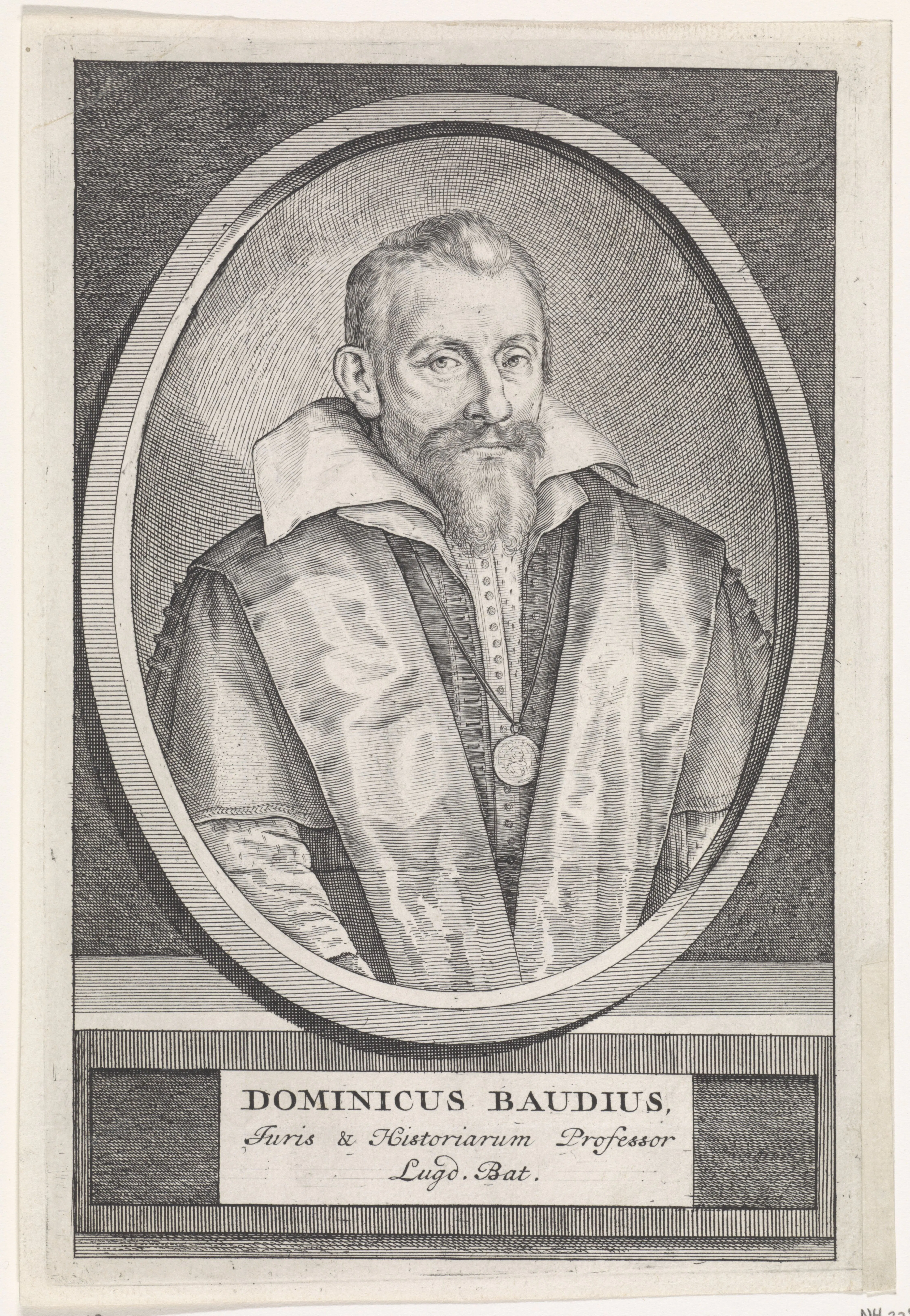 Engraved portrait of Dominicus Baudius, whose cartouche names him “Iuris & Historiarum Professor Lugd. Bat.”, professor of law and history at Leiden. Like the 1609 title page, the likeness presents the orator through the university office from which he spoke for Scaliger.
