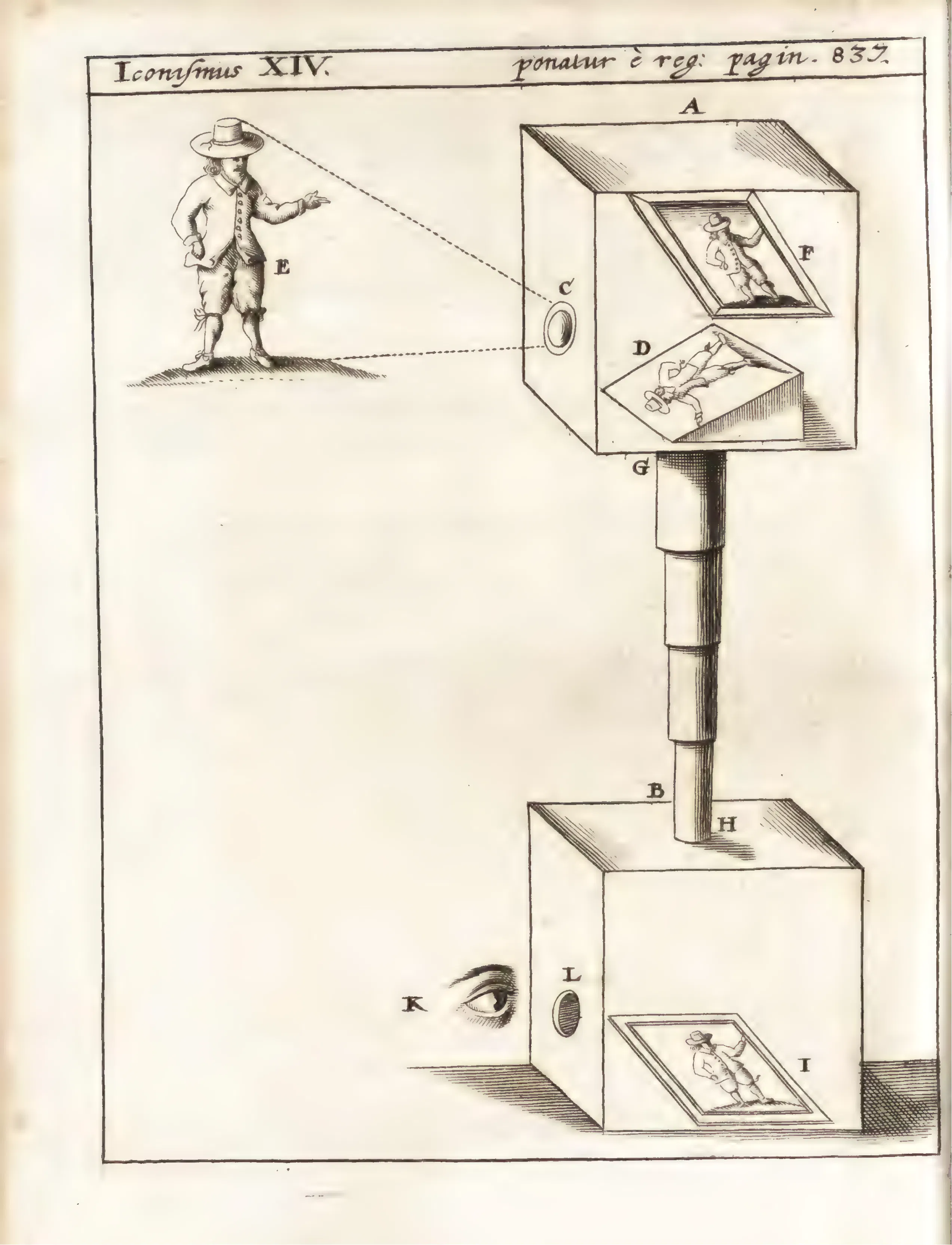 In Iconismus XIV, a two-box camera obscura gives Schott's optical polemic a form the reader can inspect: a standing figure is projected onto internal receiving surfaces while an isolated eye looks into the lower aperture. The disputed "species" appear as an image received within the instrument.