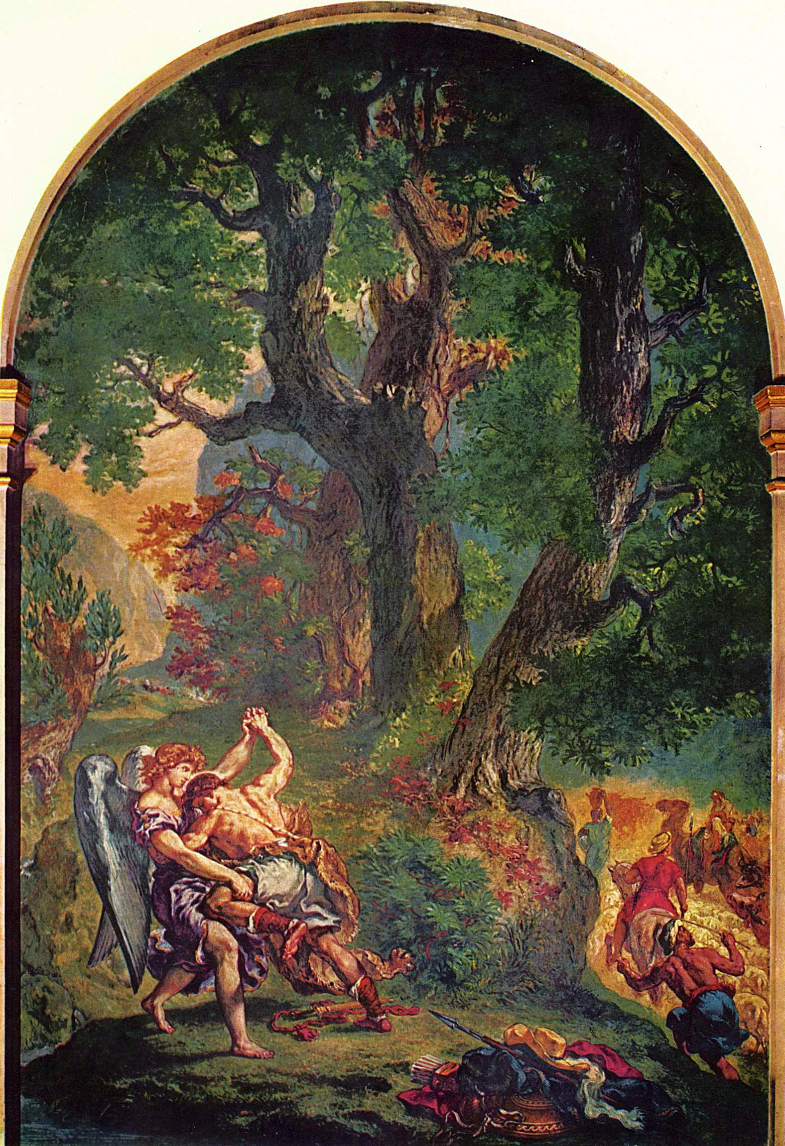 In Delacroix’s mural for Saint-Sulpice’s Chapel of the Holy Angels, Jacob’s nocturnal wrestling match is rendered as a forceful bodily contest rather than an abstract miracle. That emphasis on strain, contact, and injury suits Bartholin’s reading of the patriarch’s limp as a diagnosable hip luxation, where Scripture and Galenic medicine appear to corroborate one another.