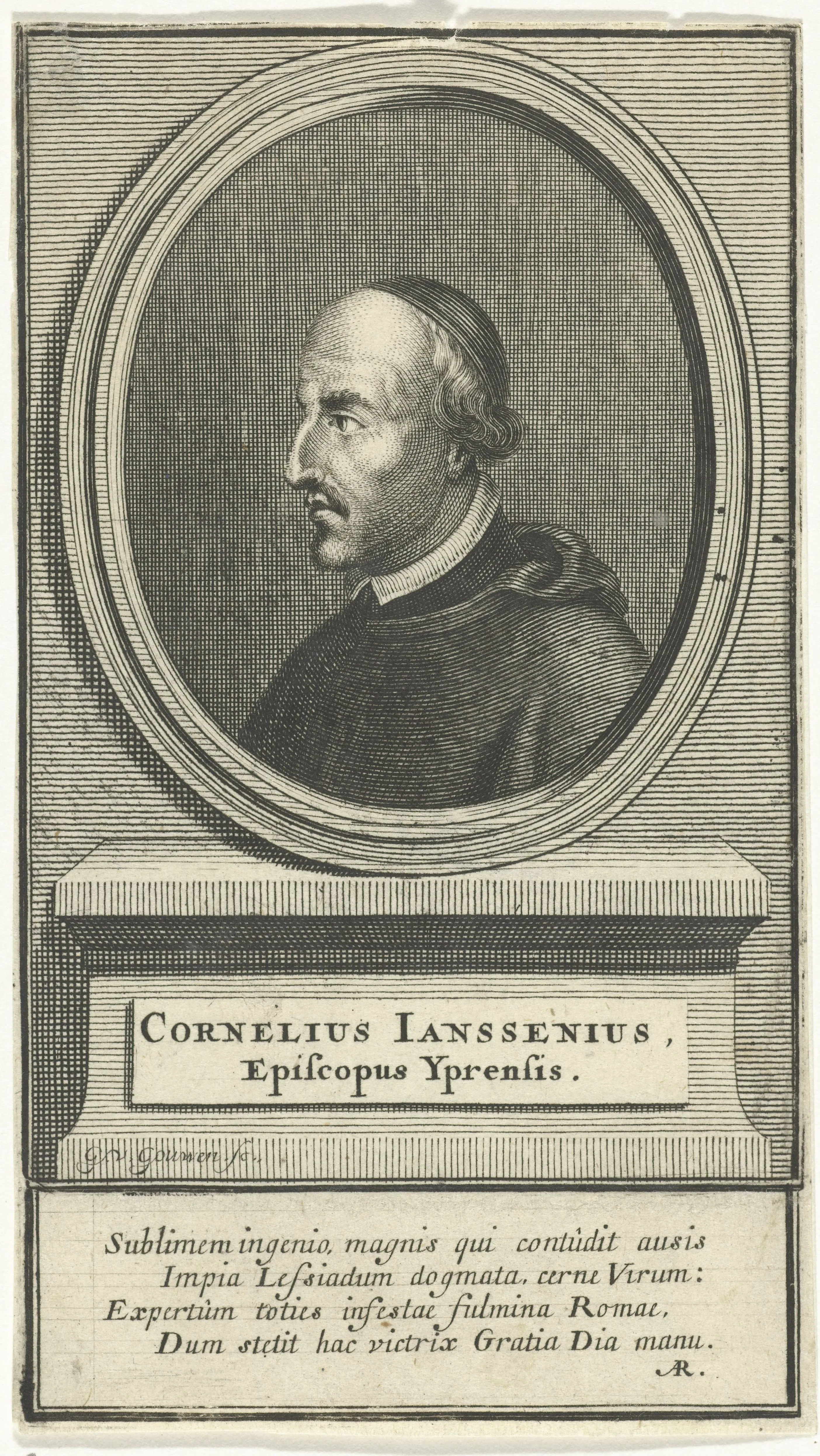 This Amsterdam engraving presents Cornelius Jansenius, bishop of Ypres, in a restrained oval portrait—the man whose Augustinus became the benchmark for later accusations of doctrinal error. For the anonymous informatio against Noris, Jansenius was less a biographical figure than a procedural precedent: the five condemned propositions supplied the mould into which Noris's theology was to be forced.