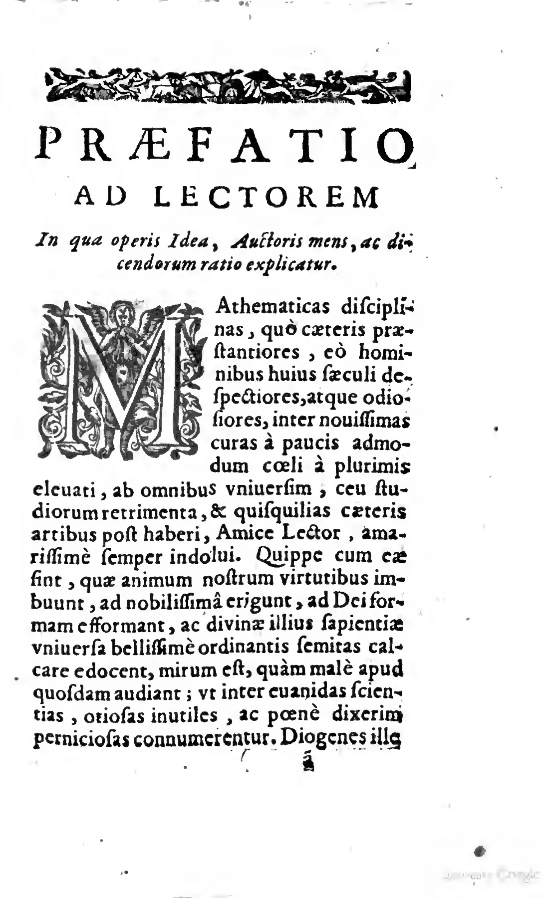 The opening of Vitale's "Præfatio ad lectorem," framed by a decorative headpiece and a historiated initial M, sets out the lexicon's programmatic key: mathematics is defended not merely as useful knowledge but as a discipline that forms the mind toward virtue and divine likeness. The alphabetical apparatus that follows is cast as a Catholic ordering of mathesis, preserving legitimate arts while marking off the superstitious corruptions later sorted entry by entry.