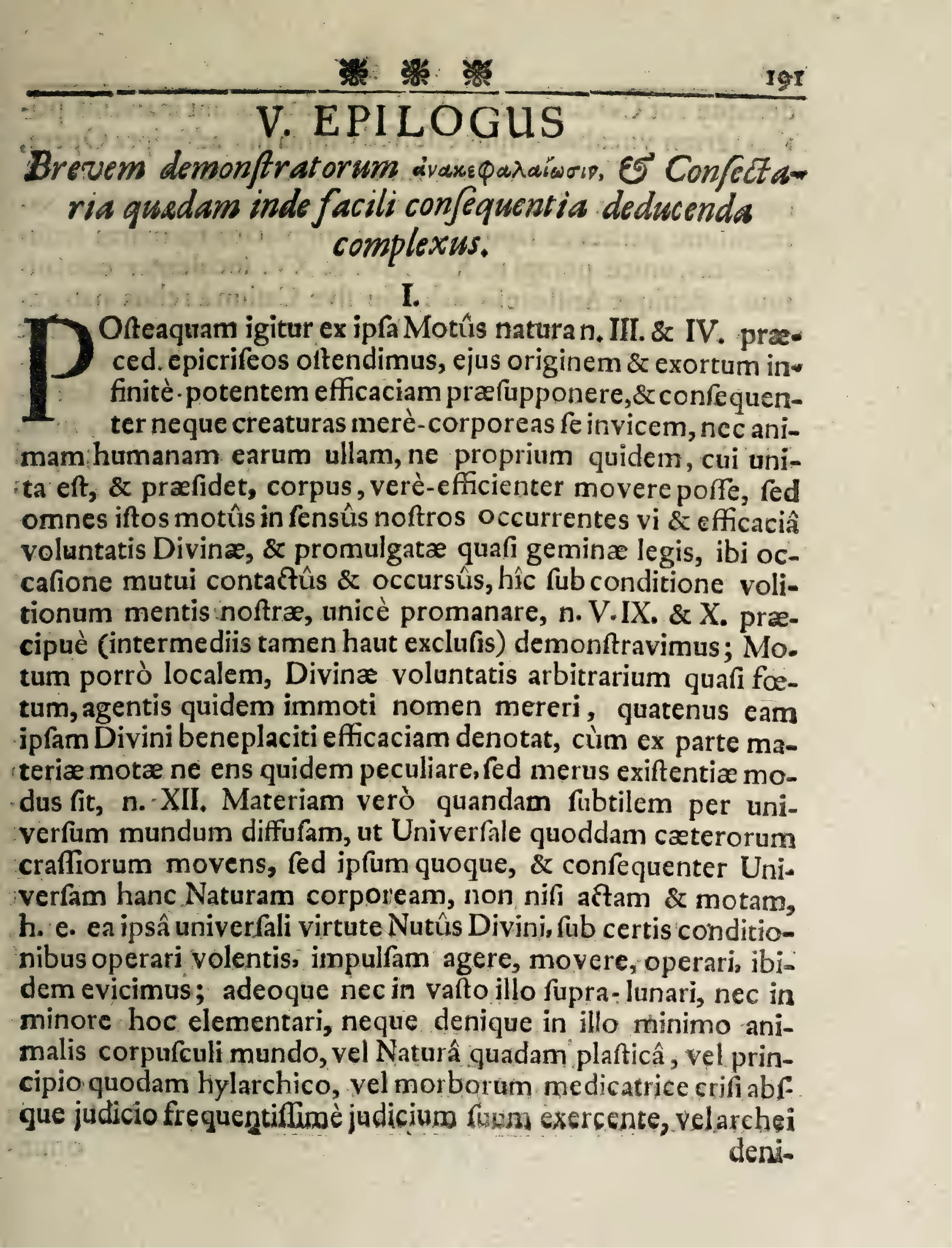 The italic heading “V. EPILOGUS” and its Greek subtitle ἀνακεφαλαίωσιν give typographic prominence to the chapter’s culminating recapitulation: tactile motions are referred from passive bodies to the efficacy of the Divine Will. The printed rejection of plastic nature and hylarchic principles marks the decisive turn to occasionalism proper.
