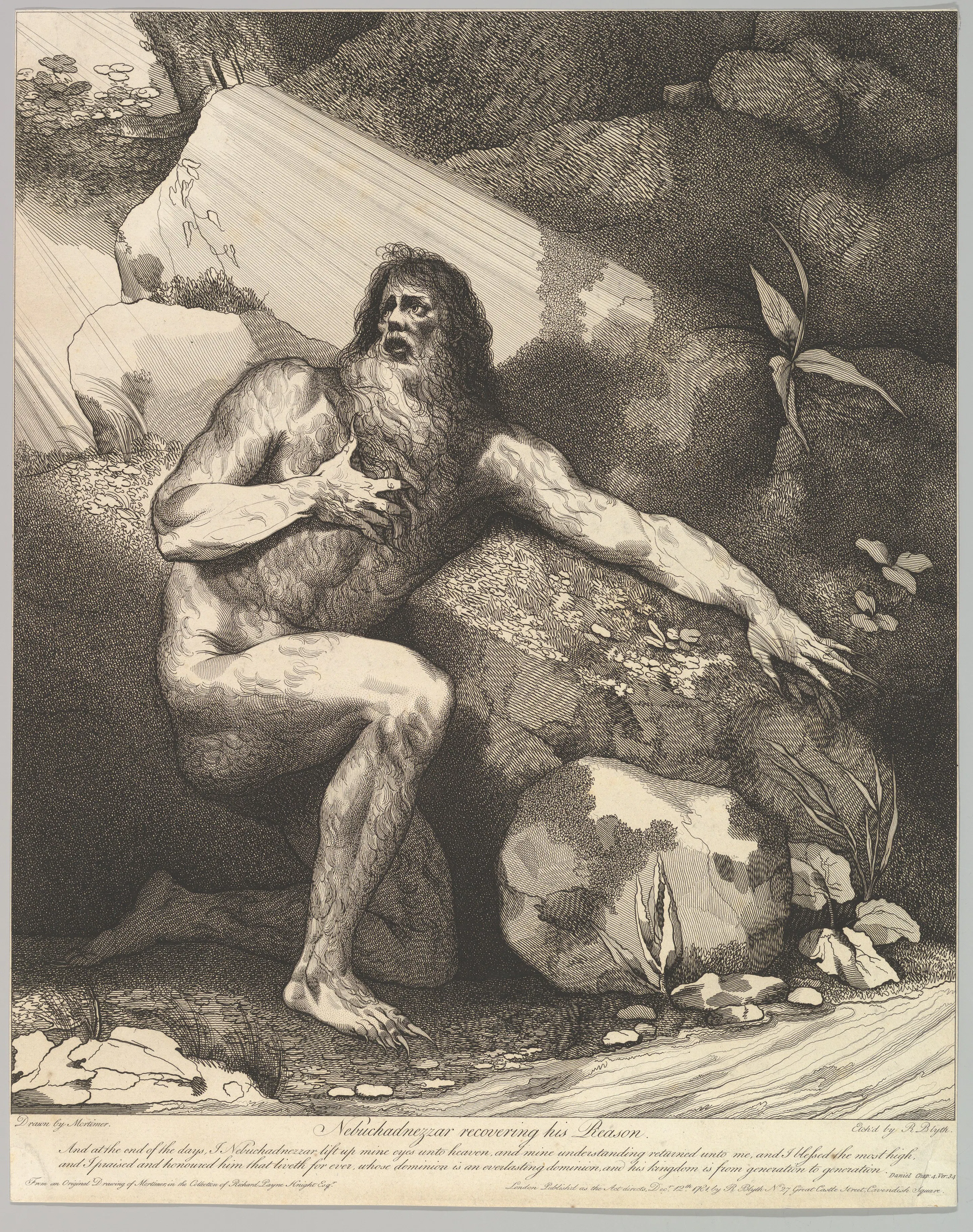 In Mortimer’s dramatic rendering, Nebuchadnezzar’s animalized body and upward gaze hold together the two readings Bartholin separates: a literal beast-change visible to the eye, and a moment of reason returning from delusion. The image makes vivid why the small verb *imaginabatur* matters so much—shifting the marvel from transformed substance to a mind seized, and then released, by melancholy.