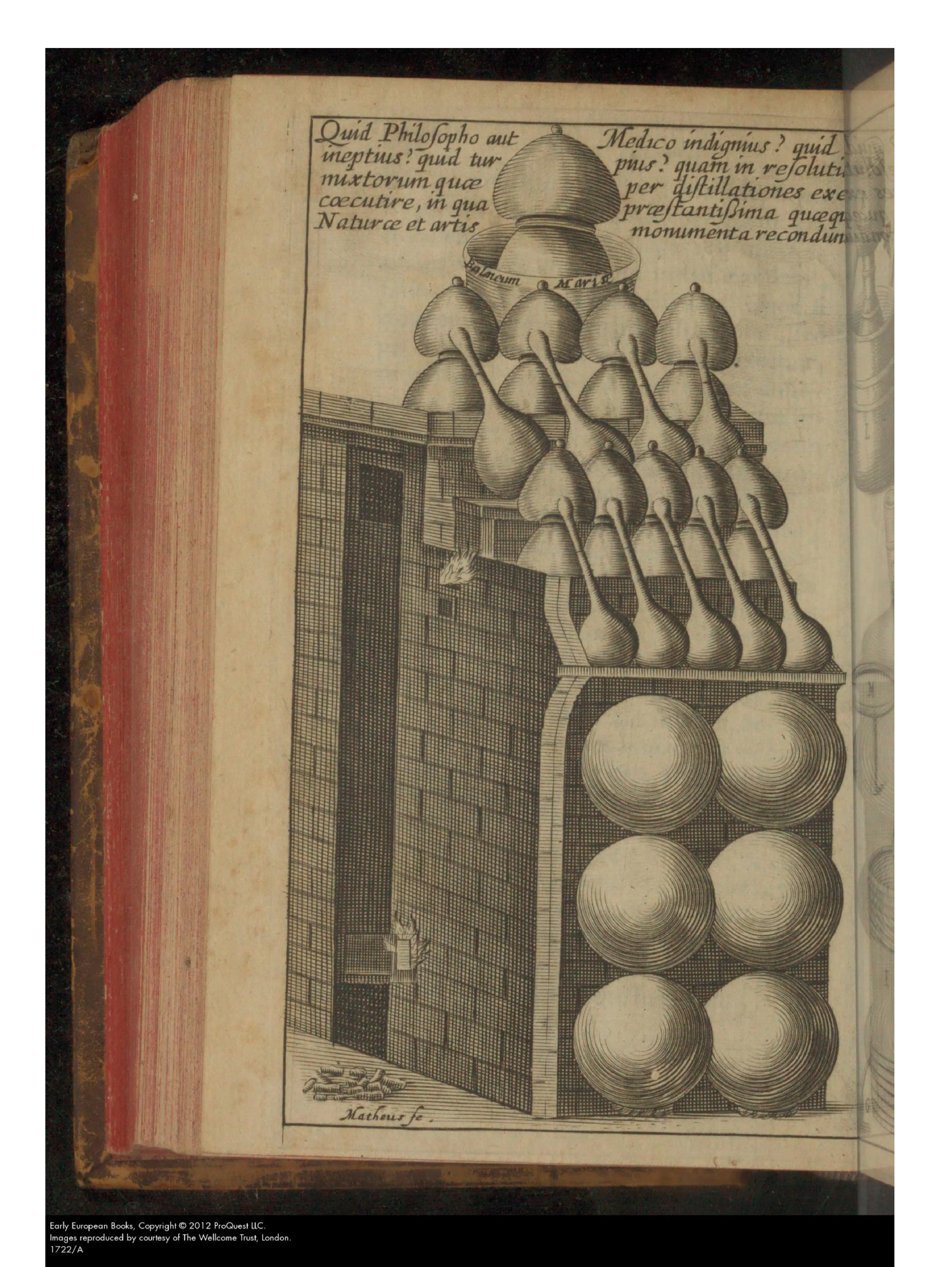 The engraved furnace plate turns those rules into machinery: rows of cucurbits and curved retorts ranged above a working firebox, with the labelled Balneum Maris marking the controlled heat on which graduated preparation depends. Its accompanying polemic against neglect of distillation gives the apparatus a moral as well as a technical force.