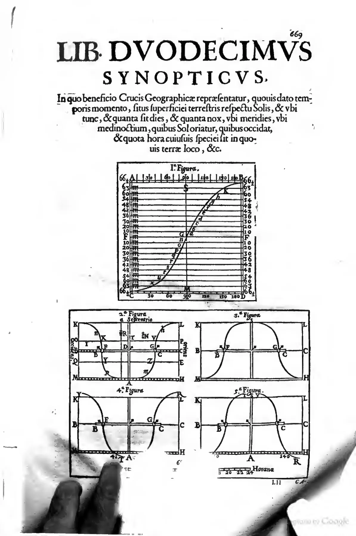 The opening of Book XII, the Synopticus, presents the Crux Geographica as a bounded instrument, its prose argument set above diagrams of gridded computations and sigma-shaped plate-curves.