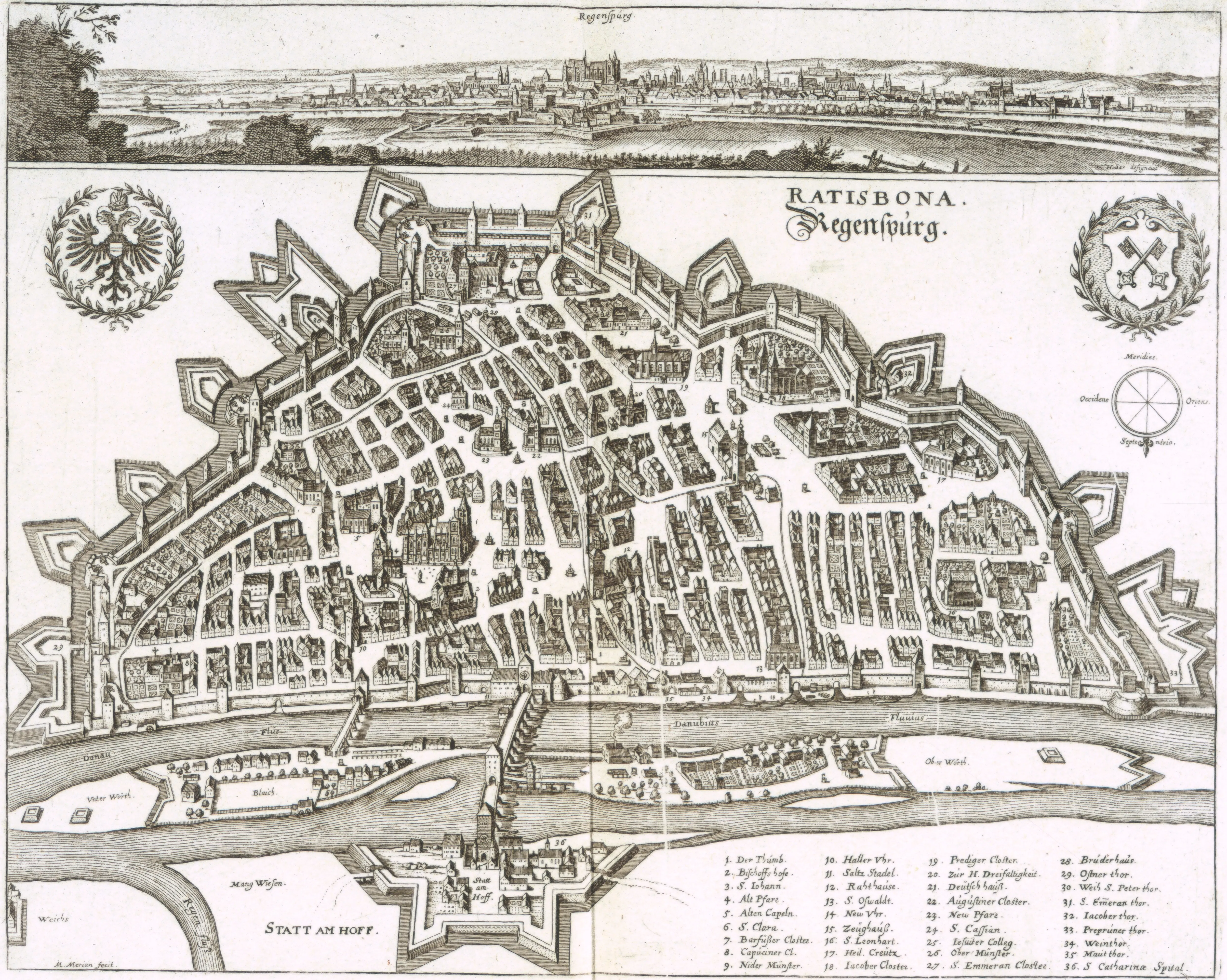 A plan of Regensburg, or Ratisbona, dated c. 1644 in the Merian and Hollar tradition of urban views. It maps the imperial city Melander names as the setting of his first-hand hearing of the speaking nightingales at the Diet of 1546, anchoring a marvel in the same geography of named places and witnessed events that underwrites the collection's claims to credit.