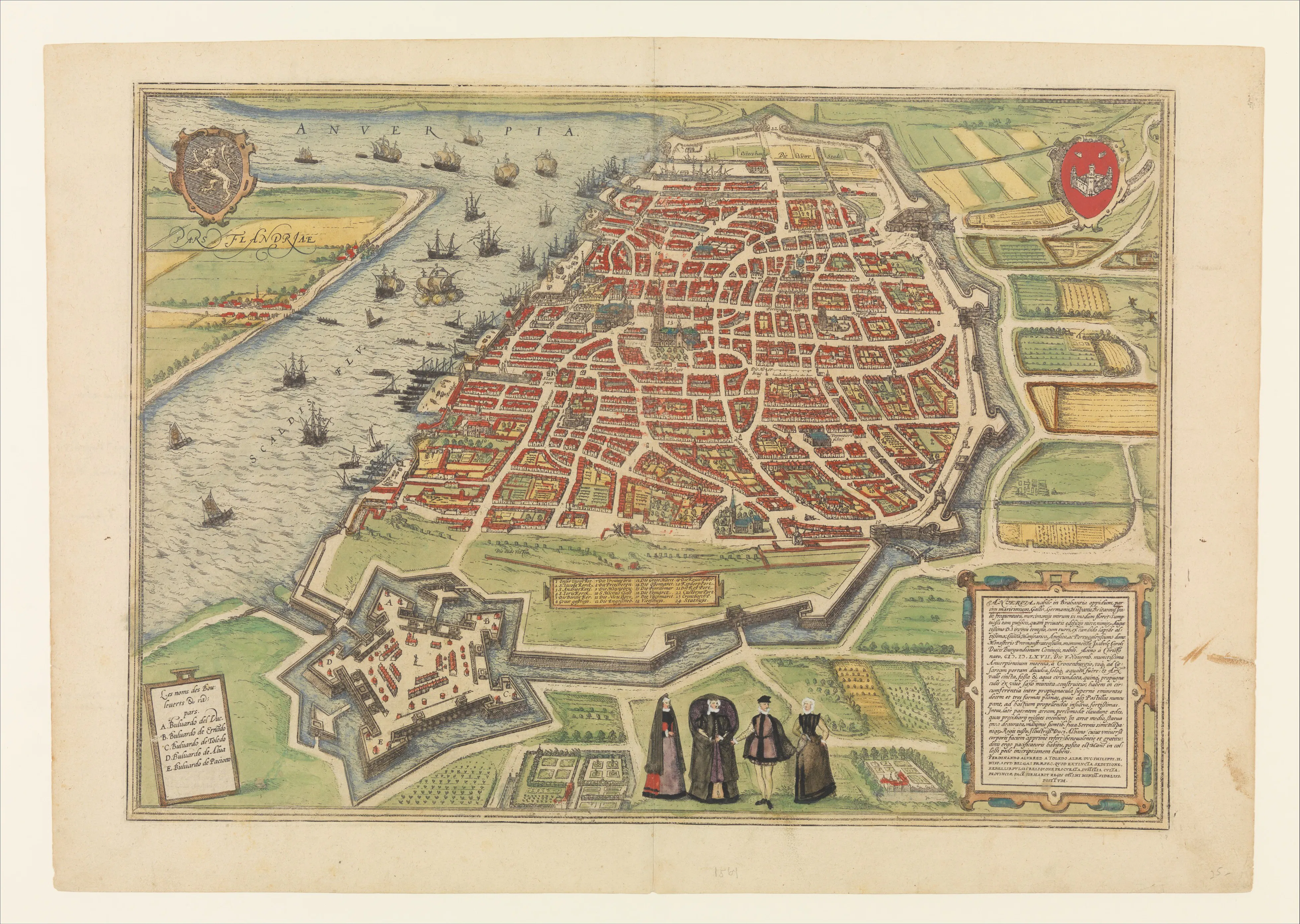 Braun and Hogenberg's panoramic view of Antwerp situates the Neo-Latin taste for learned play in the urban print world that helped circulate it: Antwerp was the city where Johannes Leo Placentius's porcine tour de force, later embedded in the *Nugae venales*, first appeared in 1530. The harbor, walls, and street grid evoke a commercial-humanist milieu rather than the anthology itself, making the image a contextual witness to the Northern European networks behind *serio ludere*.