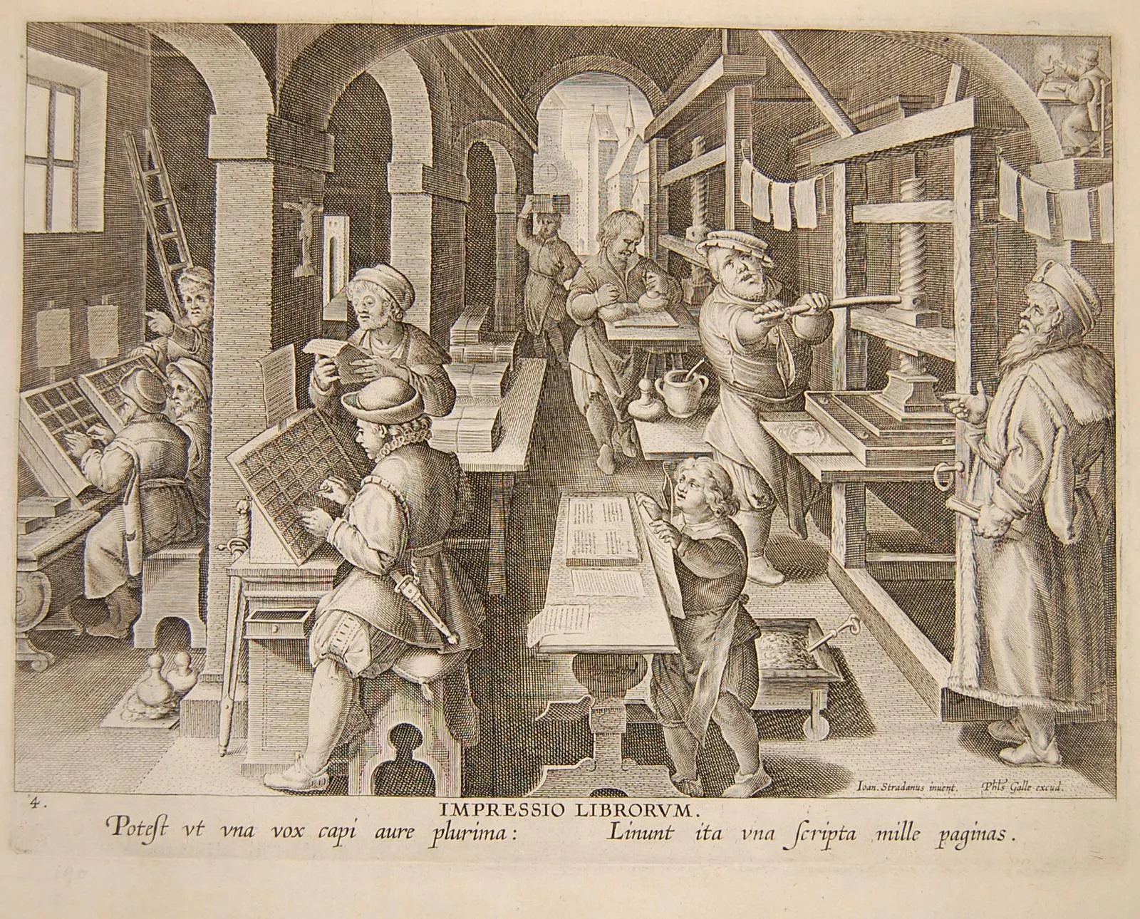 Stradanus’s engraving of a late-sixteenth-century printing shop lays out the whole chain of production, from compositors and proof-reader to pressmen and drying sheets. For Modius this machinery was indispensable and dangerous alike: the process that multiplied classical learning also multiplied the corruptions he blamed on printers and press correctors.